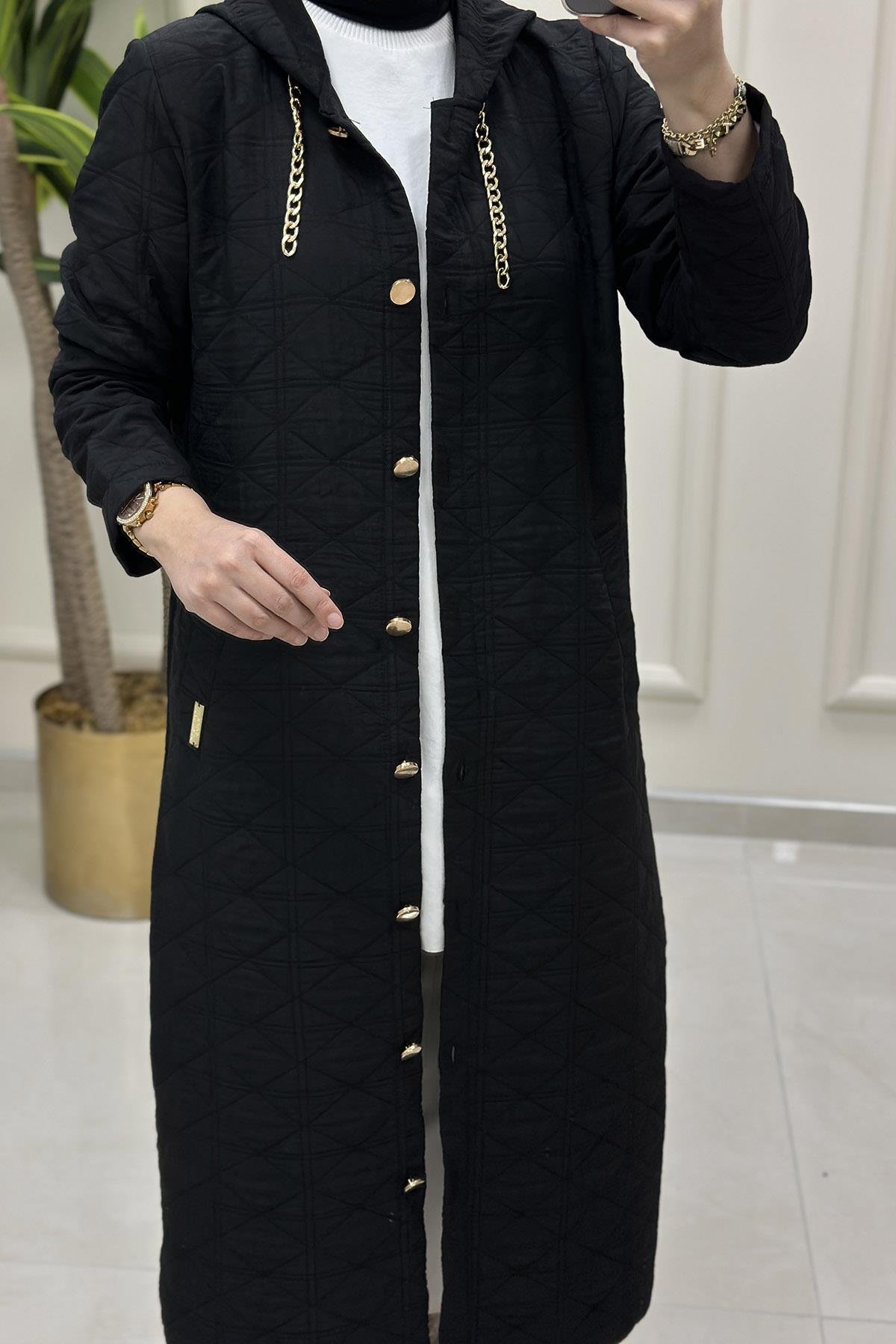 Giy ÇıkÖnü Düğmeli Zincir Detaylı Kadın Kapitone Giyçık Kap Siyah AKAY 101 