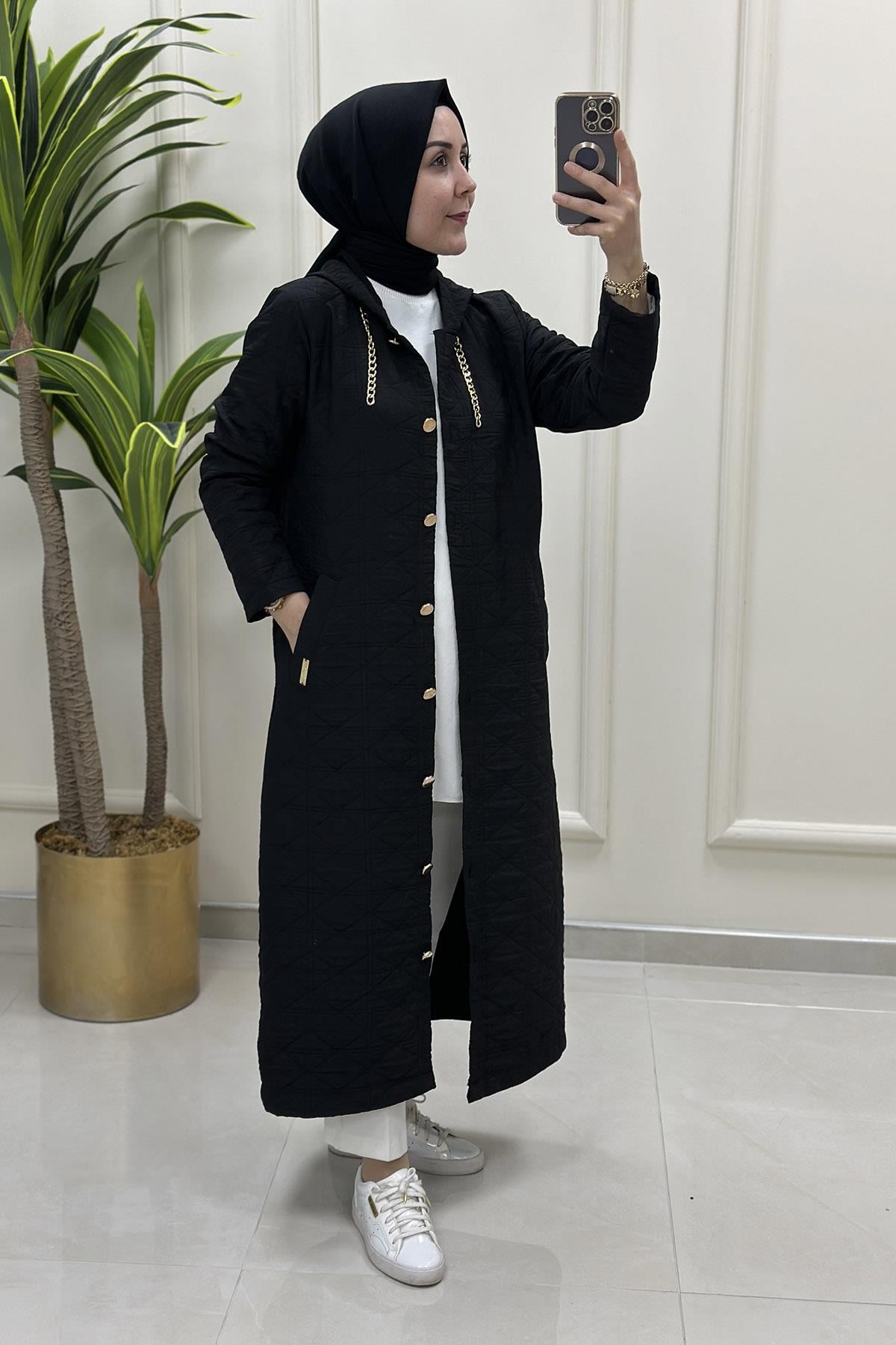 Giy ÇıkÖnü Düğmeli Zincir Detaylı Kadın Kapitone Giyçık Kap Siyah AKAY 101 