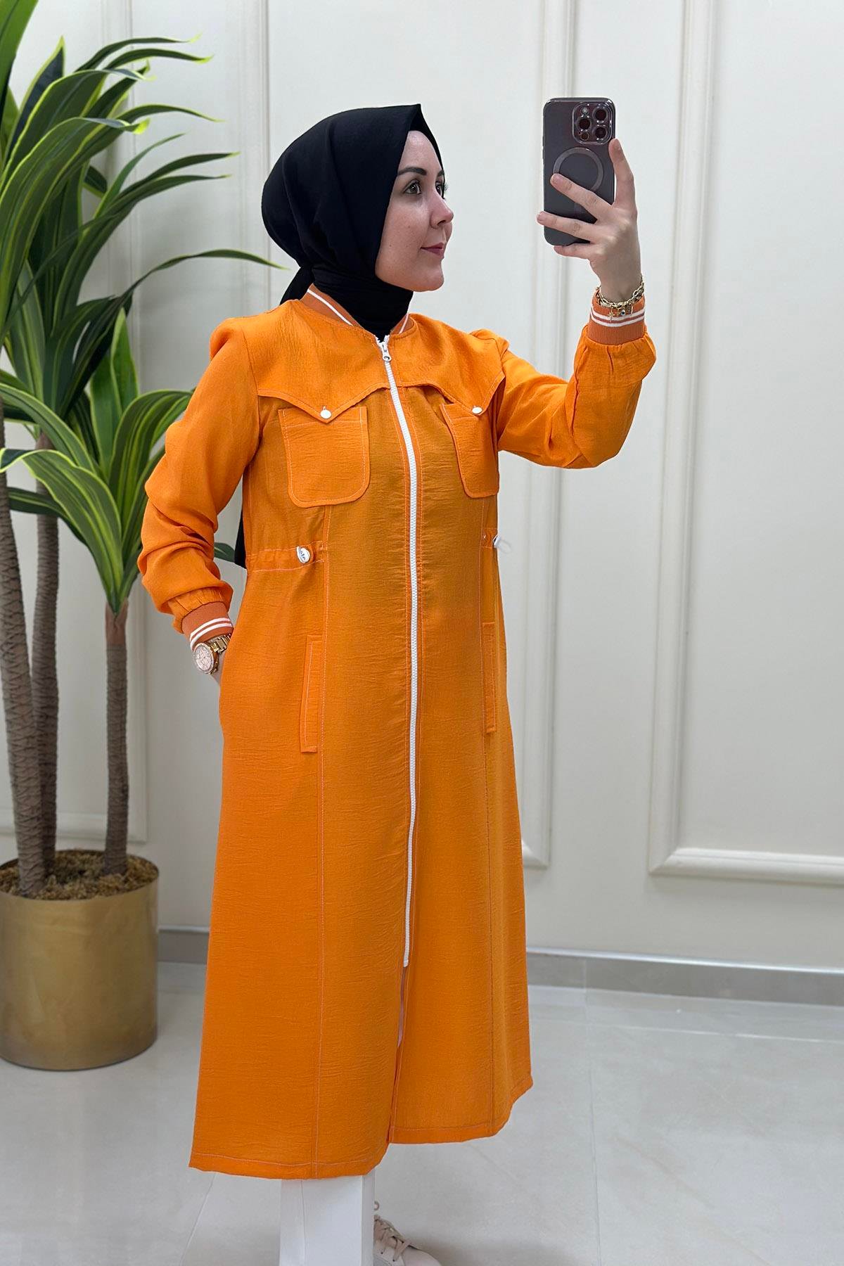 Giy ÇıkÖnü Fermuarlı Beli Büzgülü Spor Kadın Giy Çık Kap Turuncu WNW 1008