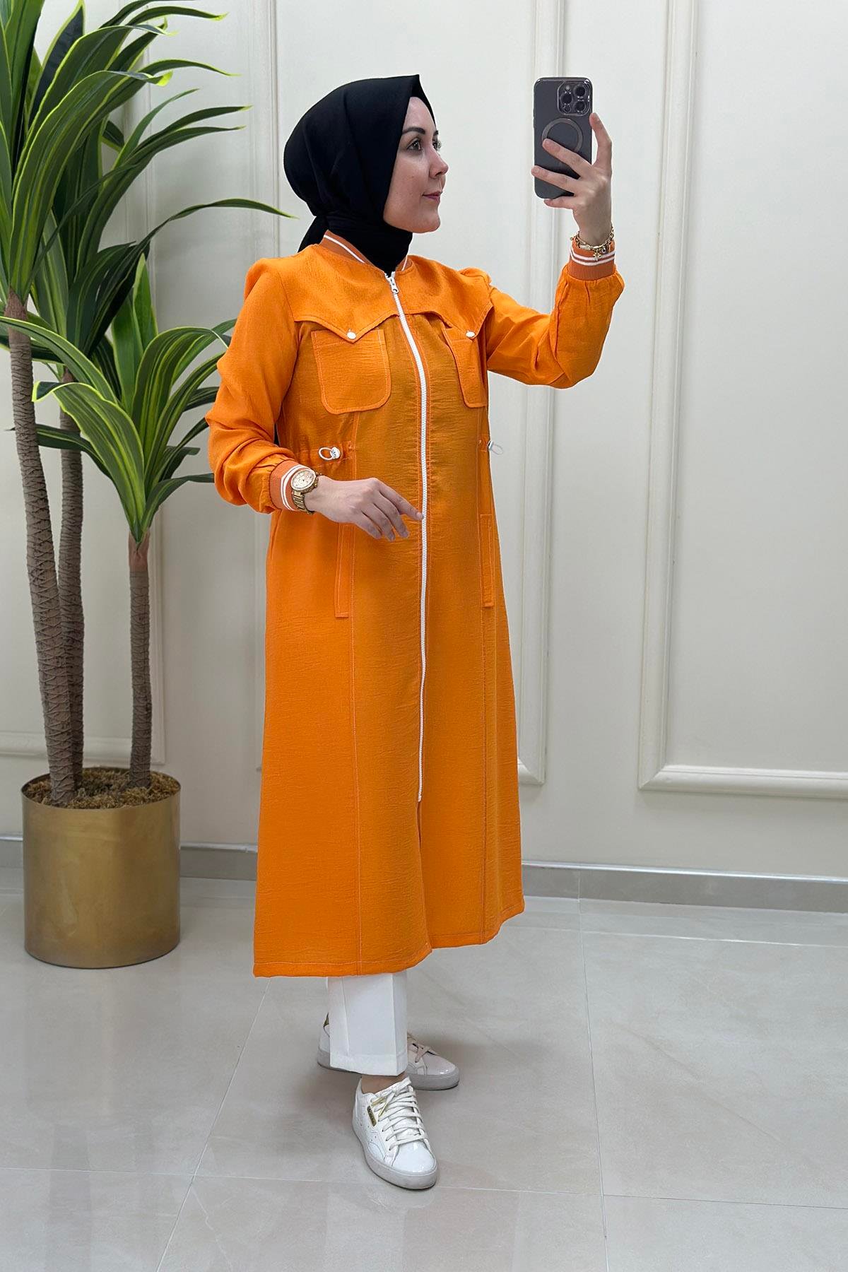 Giy ÇıkÖnü Fermuarlı Beli Büzgülü Spor Kadın Giy Çık Kap Turuncu WNW 1008