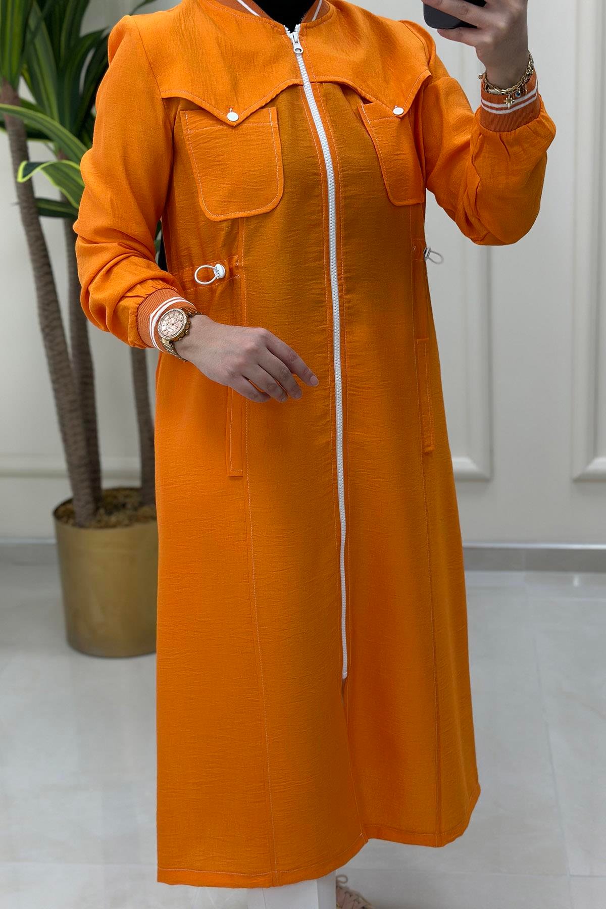 Giy ÇıkÖnü Fermuarlı Beli Büzgülü Spor Kadın Giy Çık Kap Turuncu WNW 1008