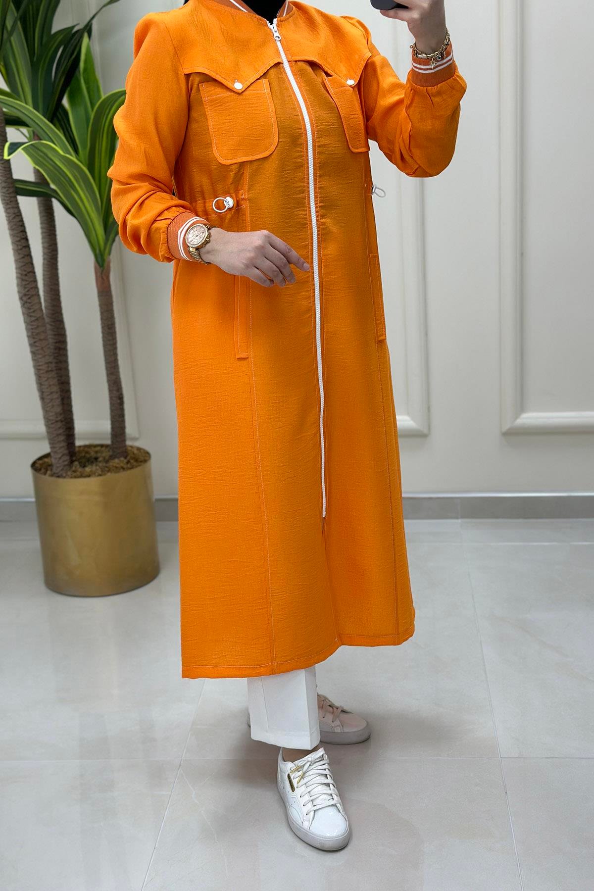 Giy ÇıkÖnü Fermuarlı Beli Büzgülü Spor Kadın Giy Çık Kap Turuncu WNW 1008