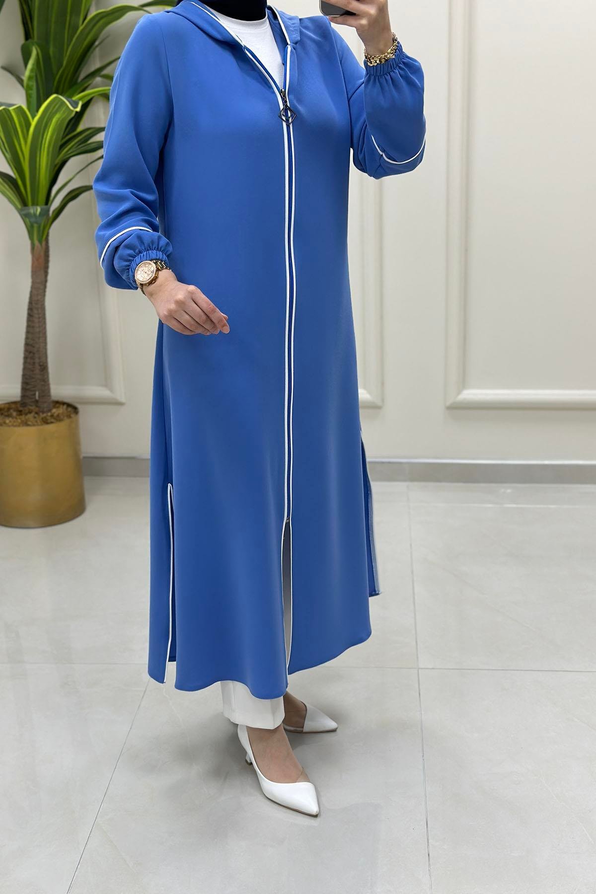 Giy ÇıkÖnü Fermuarlı Biye Kombinli Kadın Giyçık Kap Mavi HYA 1530