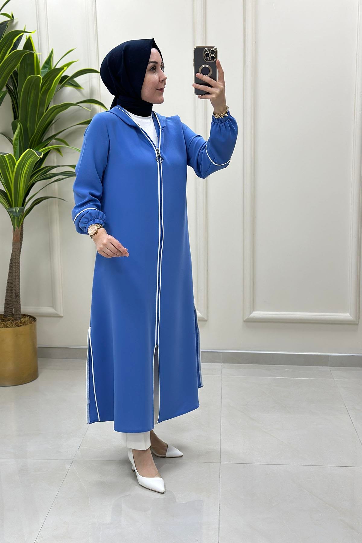 Giy ÇıkÖnü Fermuarlı Biye Kombinli Kadın Giyçık Kap Mavi HYA 1530