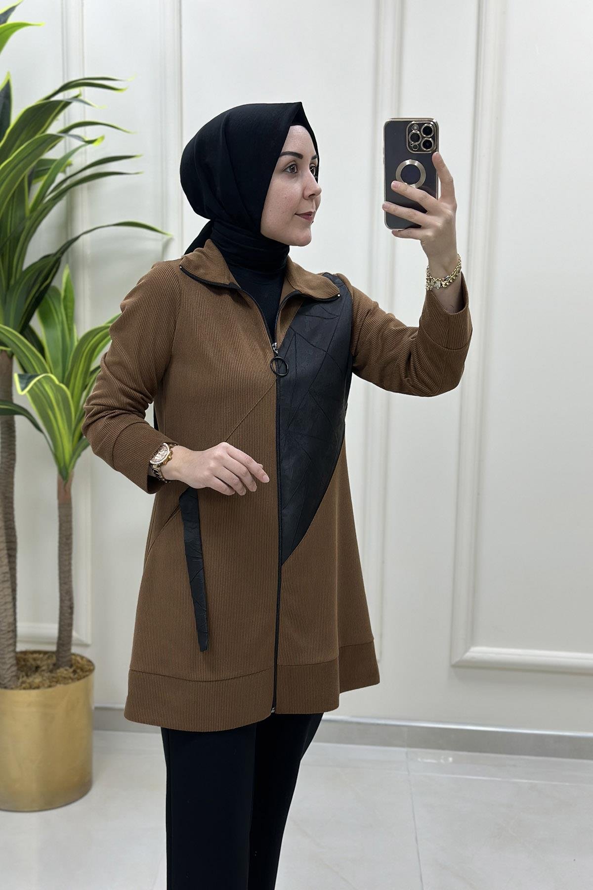 Giy ÇıkÖnü Fermuarlı Jakar Garnili Kadın Giyçık Tunik Taba HYA 1464