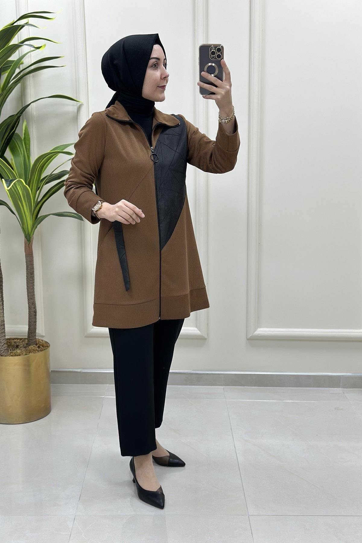 Giy ÇıkÖnü Fermuarlı Jakar Garnili Kadın Giyçık Tunik Taba HYA 1464