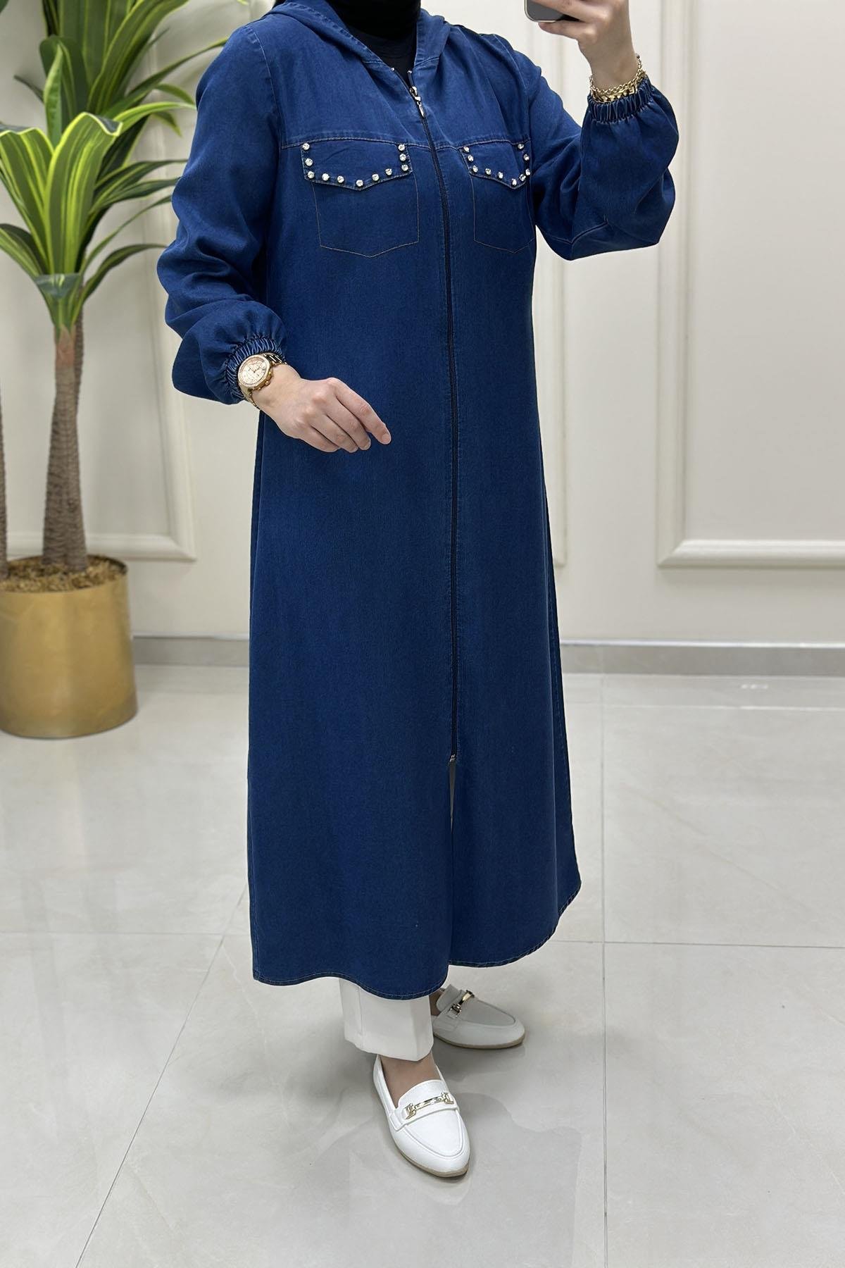 Giy ÇıkÖnü Fermuarlı Kapak Cep Taş Detaylı Tensel Kot Kadın Giyçık Kap Koyu Mavi QTN 4922