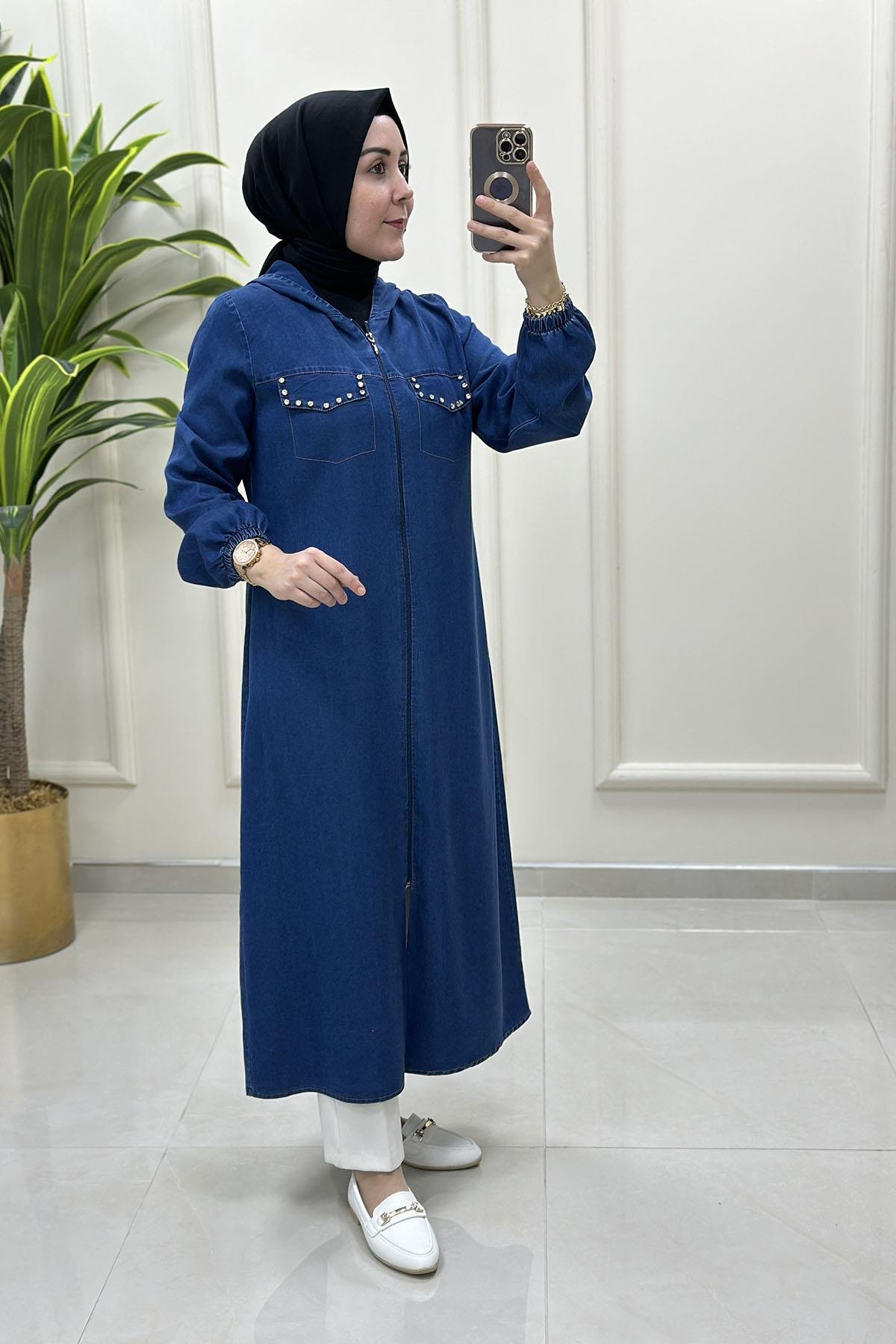 Giy ÇıkÖnü Fermuarlı Kapak Cep Taş Detaylı Tensel Kot Kadın Giyçık Kap Koyu Mavi QTN 4922