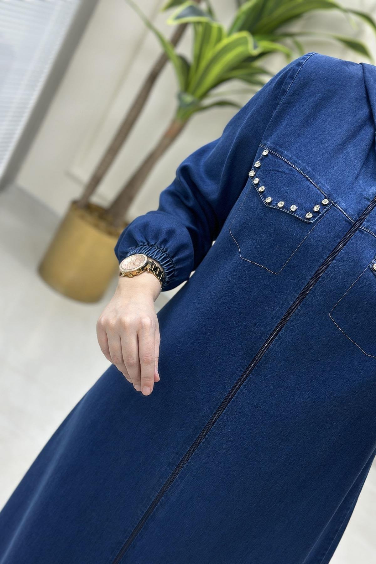 Giy ÇıkÖnü Fermuarlı Kapak Cep Taş Detaylı Tensel Kot Kadın Giyçık Kap Koyu Mavi QTN 4922