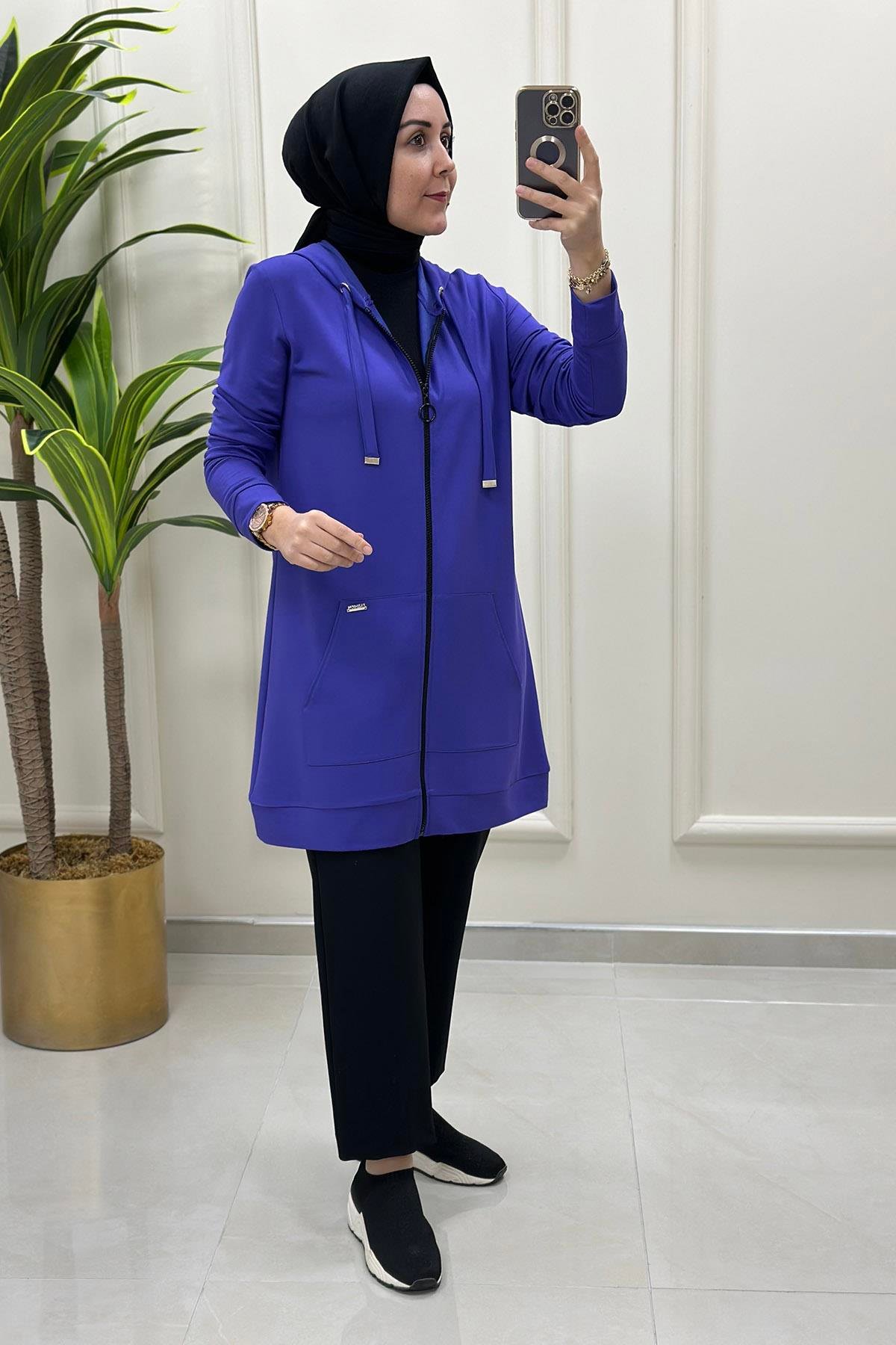 Giy ÇıkÖnü Fermuarlı Kapüşonu İpli Kadın Giyçık Mor ELR 1001