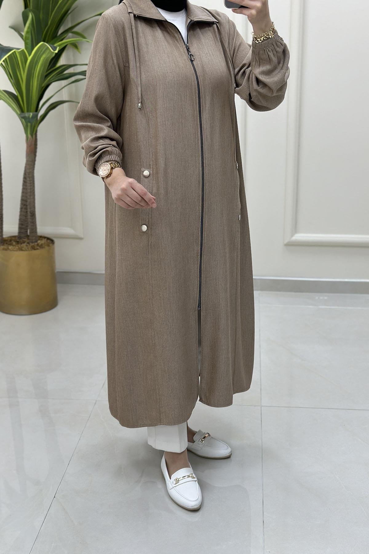 Giy ÇıkÖnü Fermuarlı Kolu Büzgülü Kadın Giyçık Kap Camel ELR 2185