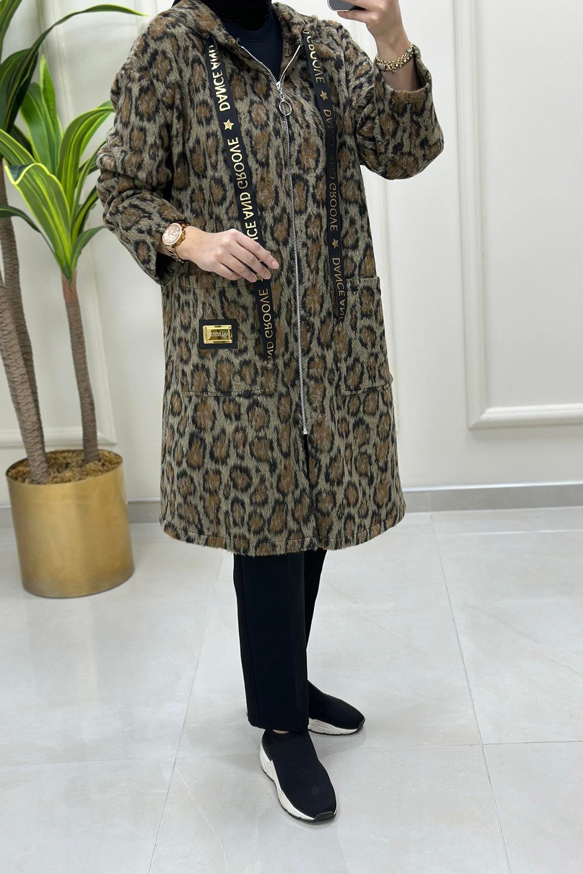 Giy ÇıkÖnü Fermuarlı Leopar Desen Örme Kaşe Kap Orjinal MSE 2066