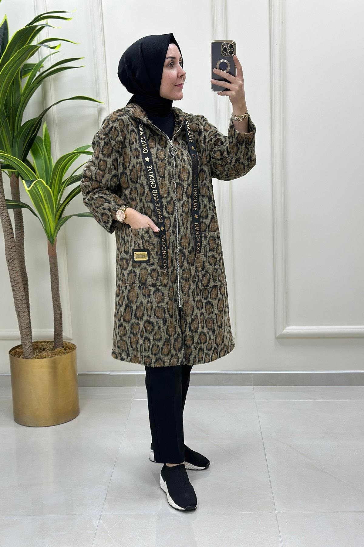 Giy ÇıkÖnü Fermuarlı Leopar Desen Örme Kaşe Kap Orjinal MSE 2066