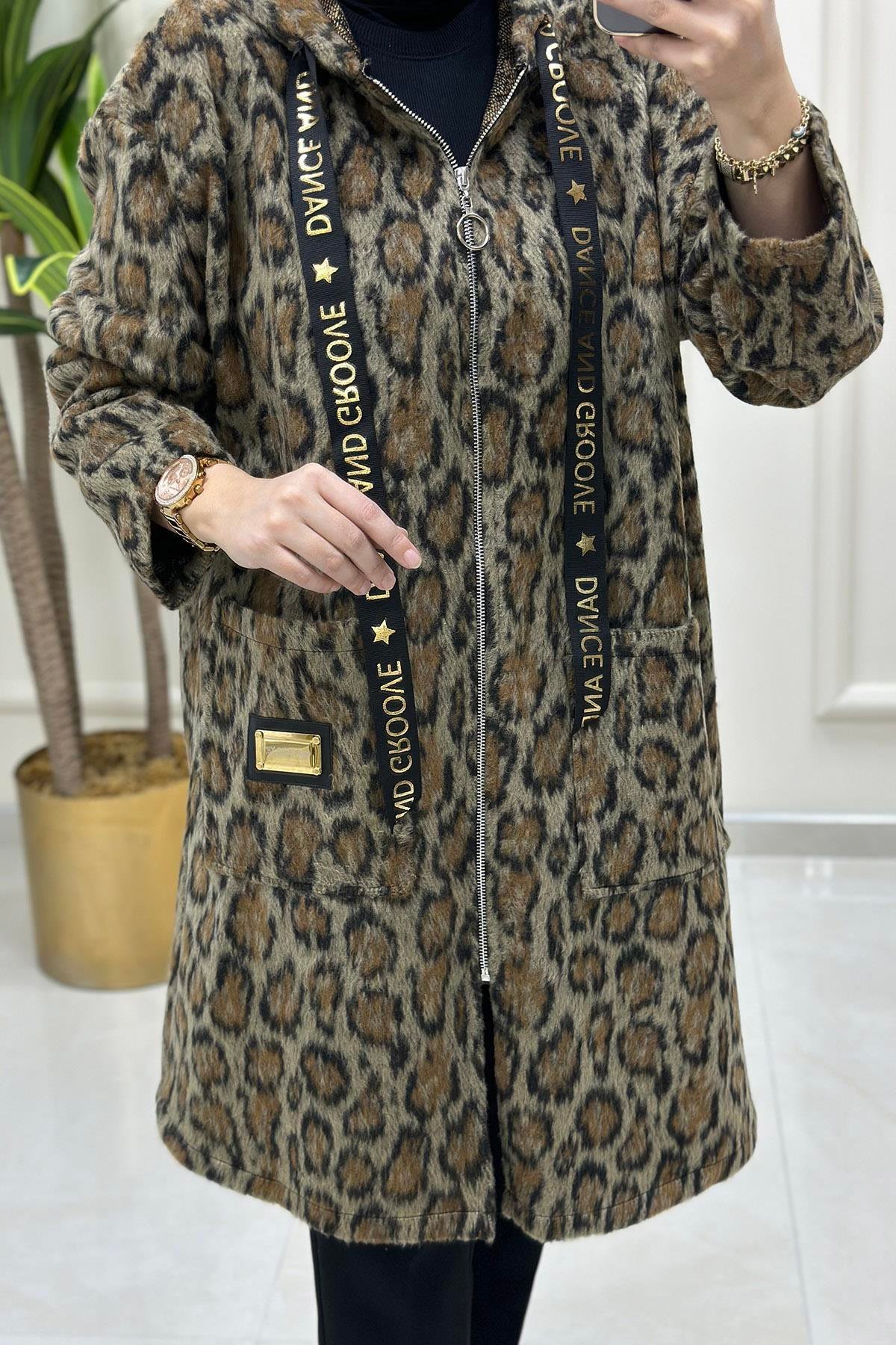 Giy ÇıkÖnü Fermuarlı Leopar Desen Örme Kaşe Kap Orjinal MSE 2066