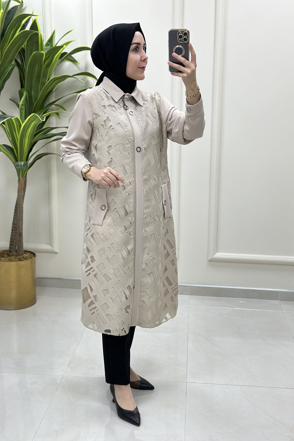 Giy ÇıkÖnü Fermuarlı Organze Tül Detaylı Kadın Giyçık Kap Taş KADO 8502