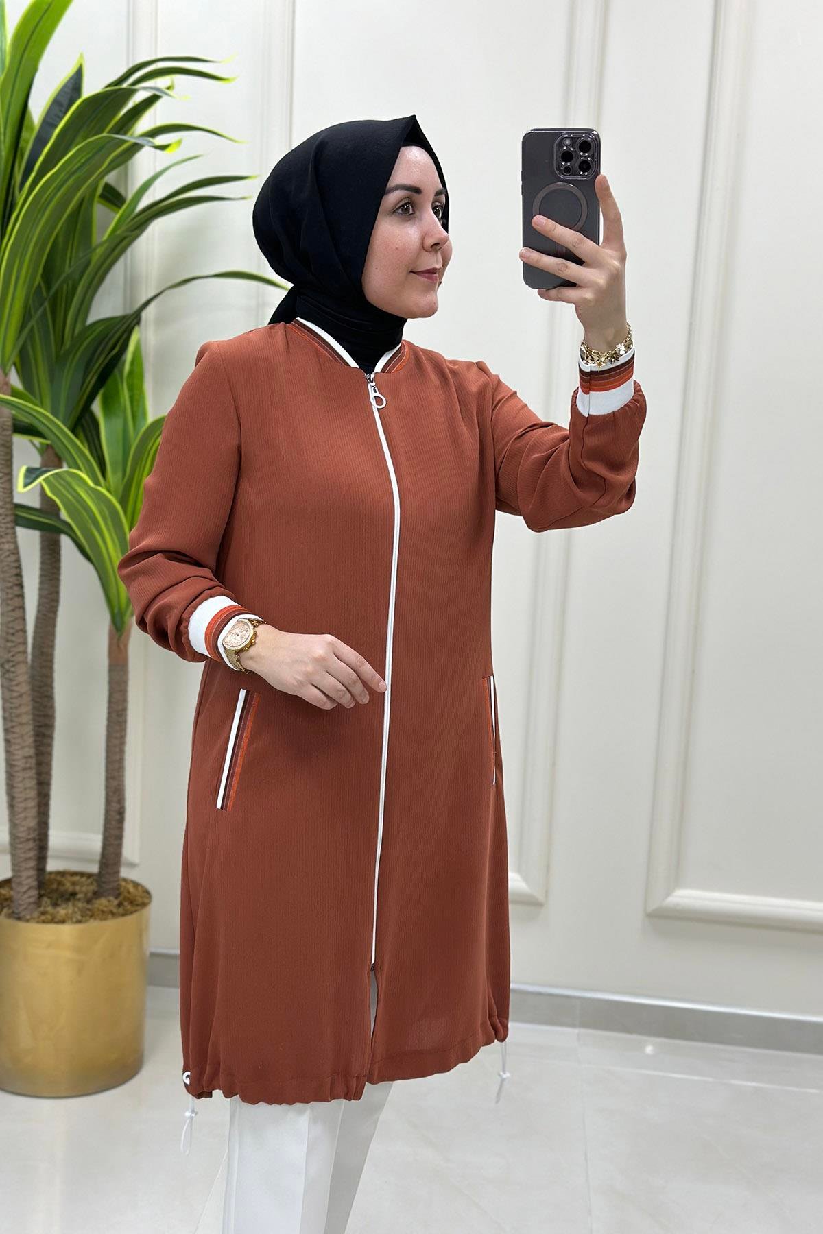 Giy ÇıkÖnü Fermuarlı Ribana Detaylı Kadın Giyçık Taba WNW 1005