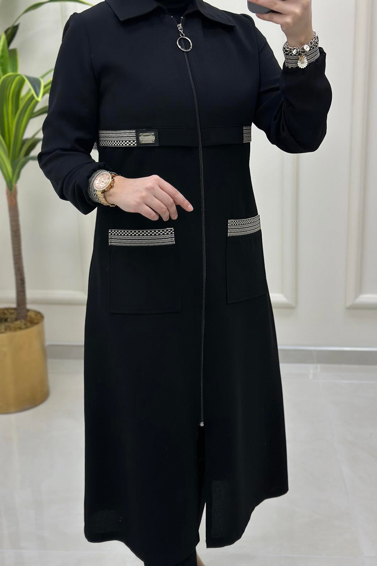 Giy ÇıkÖnü Ve Kol Ucu Ribana Desenli Kadın Kap Siyah CNR 1676