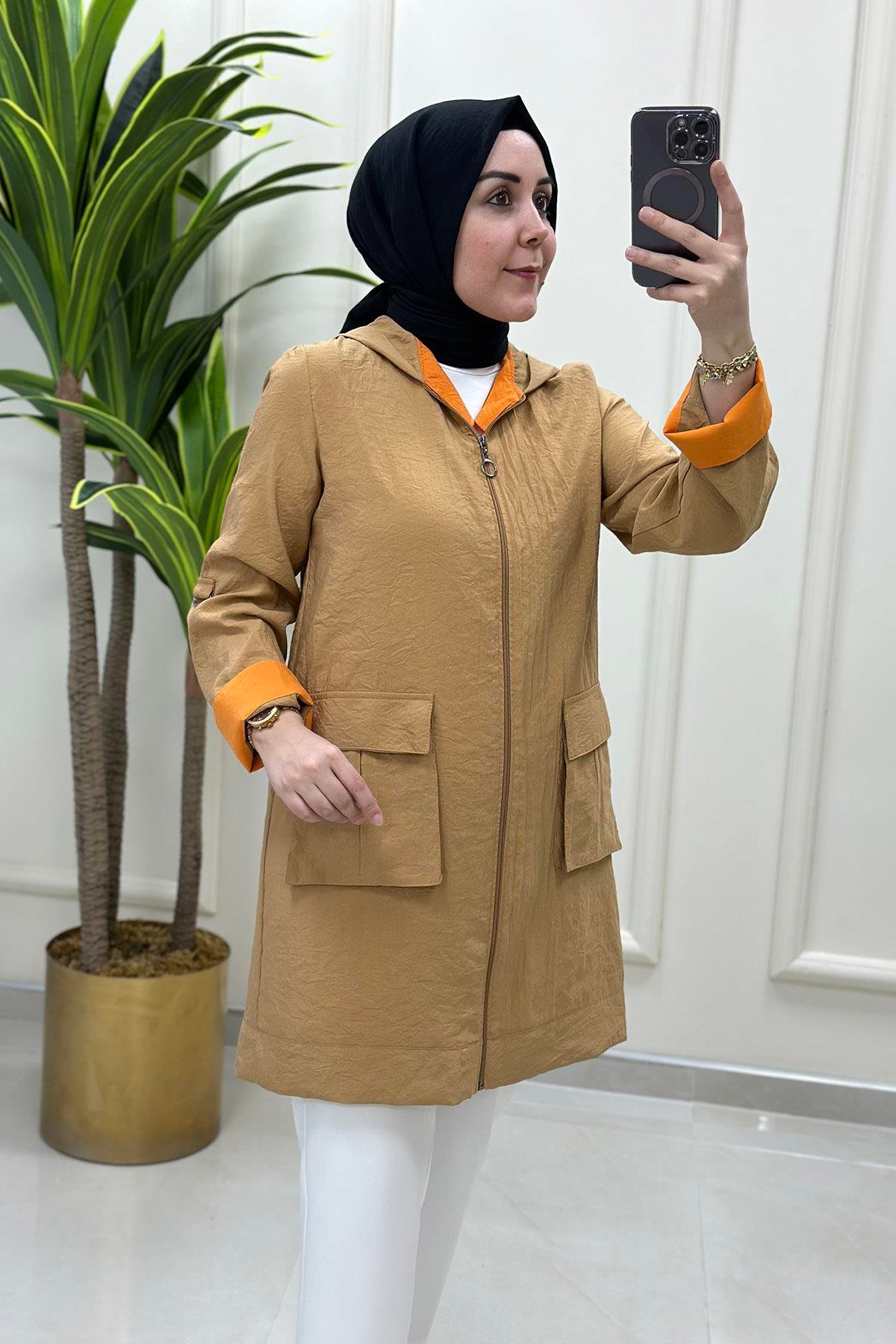 Giy ÇıkRenk Garnili Önü Fermuarlı Katlama Kol Spor Kap Camel WNW 1006