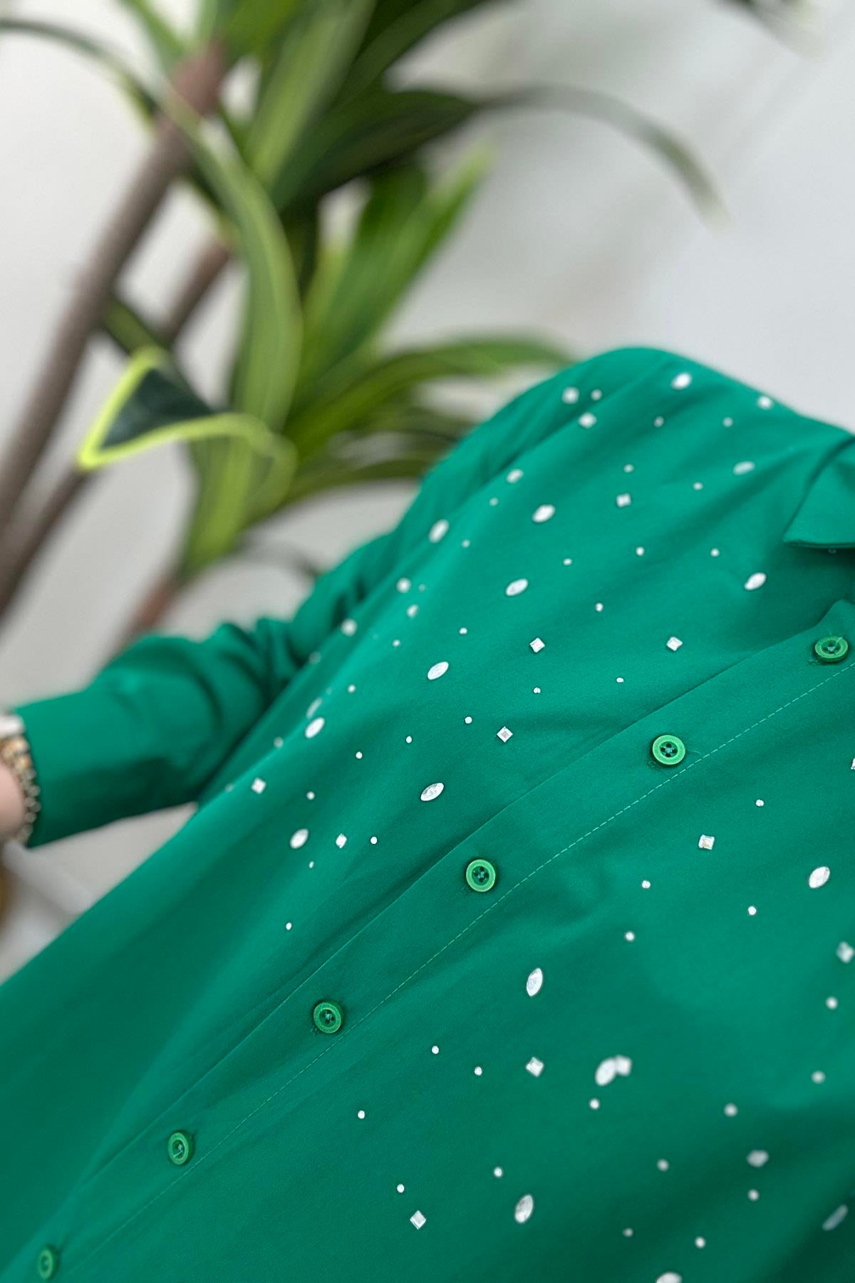 GömlekÖnü Düğmeli Baskı Taş Detaylı Kadın Gömlek Benetton Yeşili MSE 3008