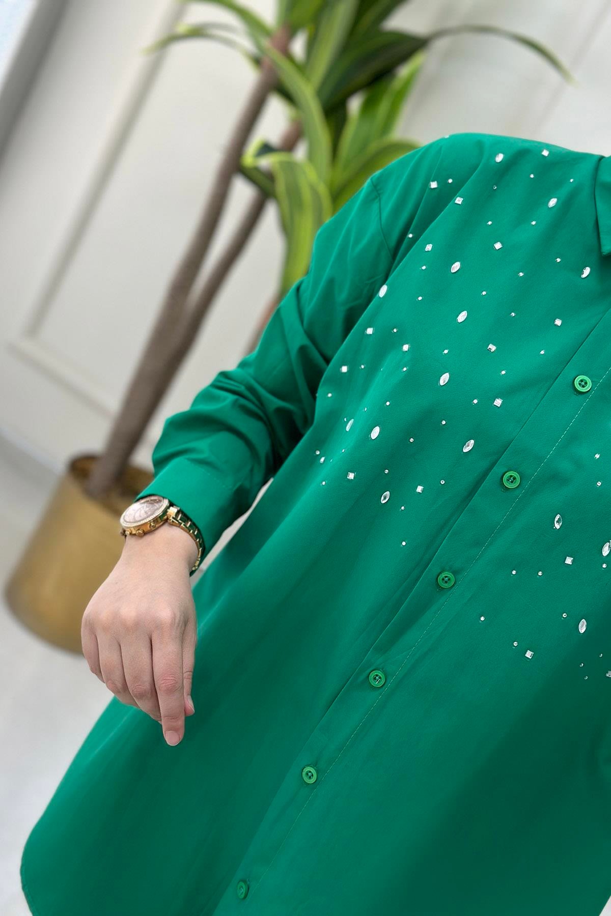 GömlekÖnü Düğmeli Baskı Taş Detaylı Kadın Gömlek Benetton Yeşili MSE 3008