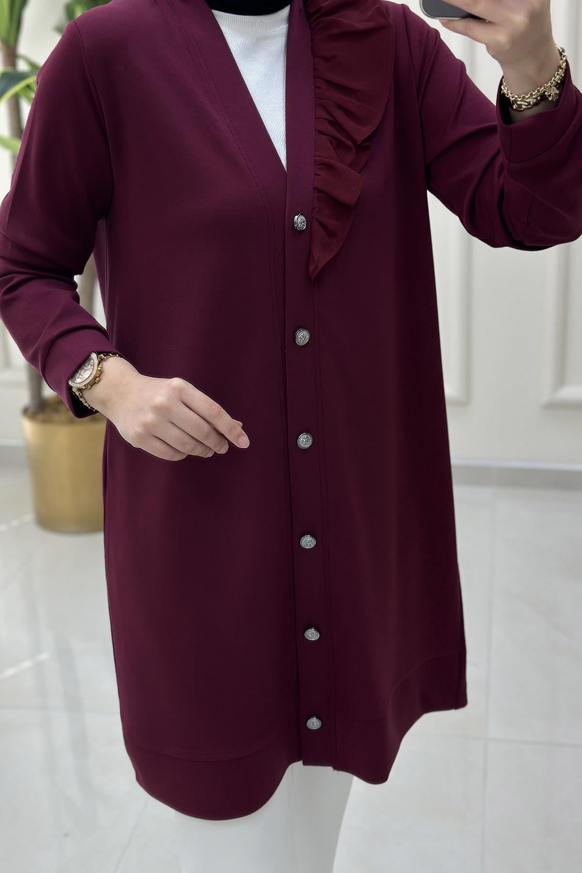 HırkaÖnü Düğmeli Şifon Kombinli Kadın Hırka Bordo KADO 251256