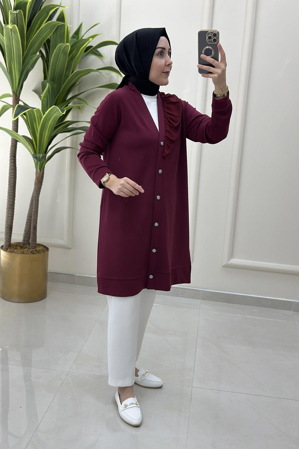 HırkaÖnü Düğmeli Şifon Kombinli Kadın Hırka Bordo KADO 251256