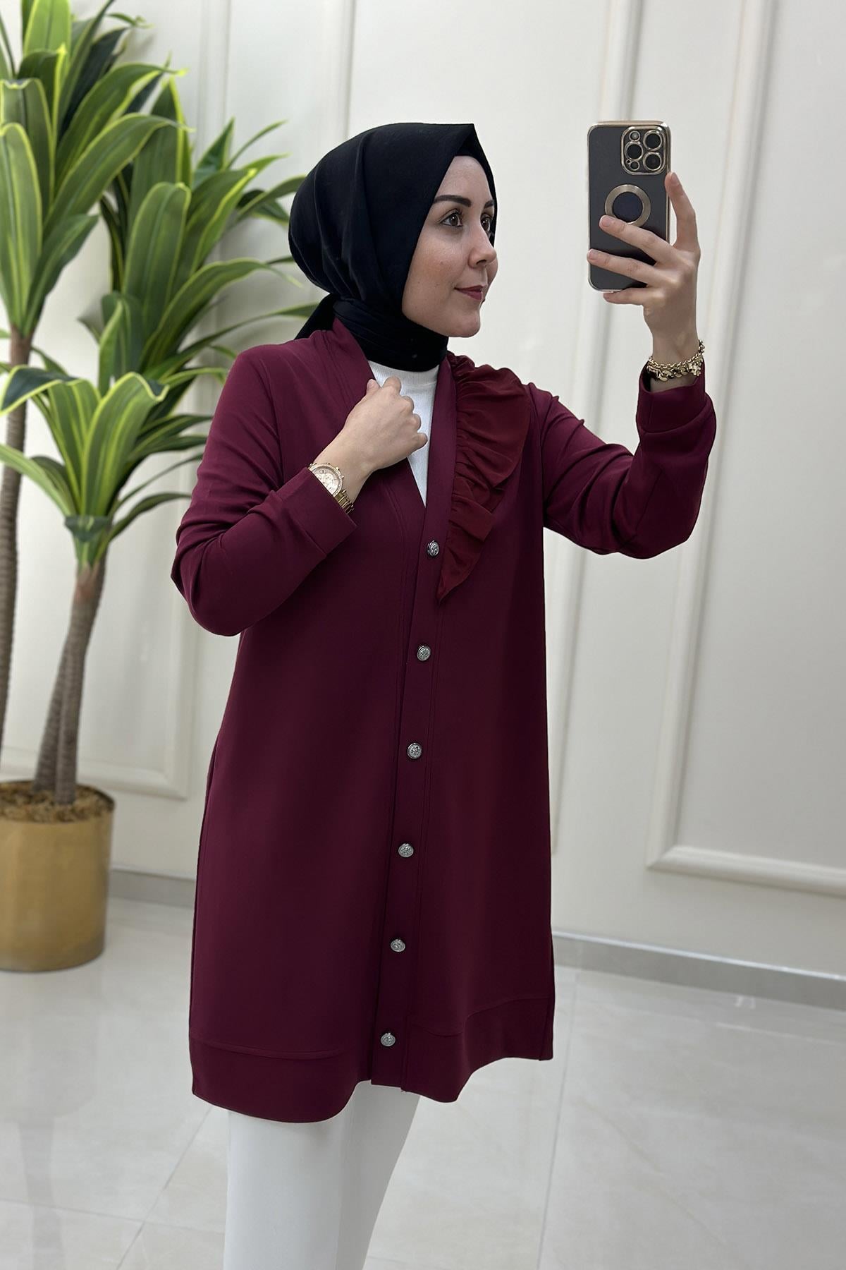 HırkaÖnü Düğmeli Şifon Kombinli Kadın Hırka Bordo KADO 251256