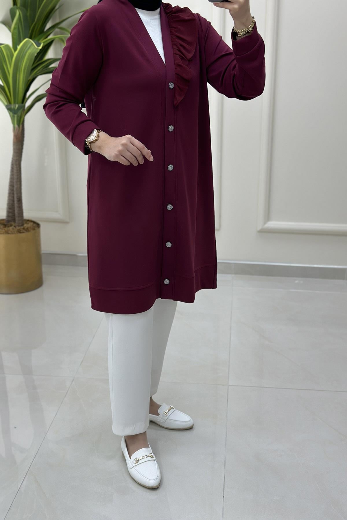HırkaÖnü Düğmeli Şifon Kombinli Kadın Hırka Bordo KADO 251256