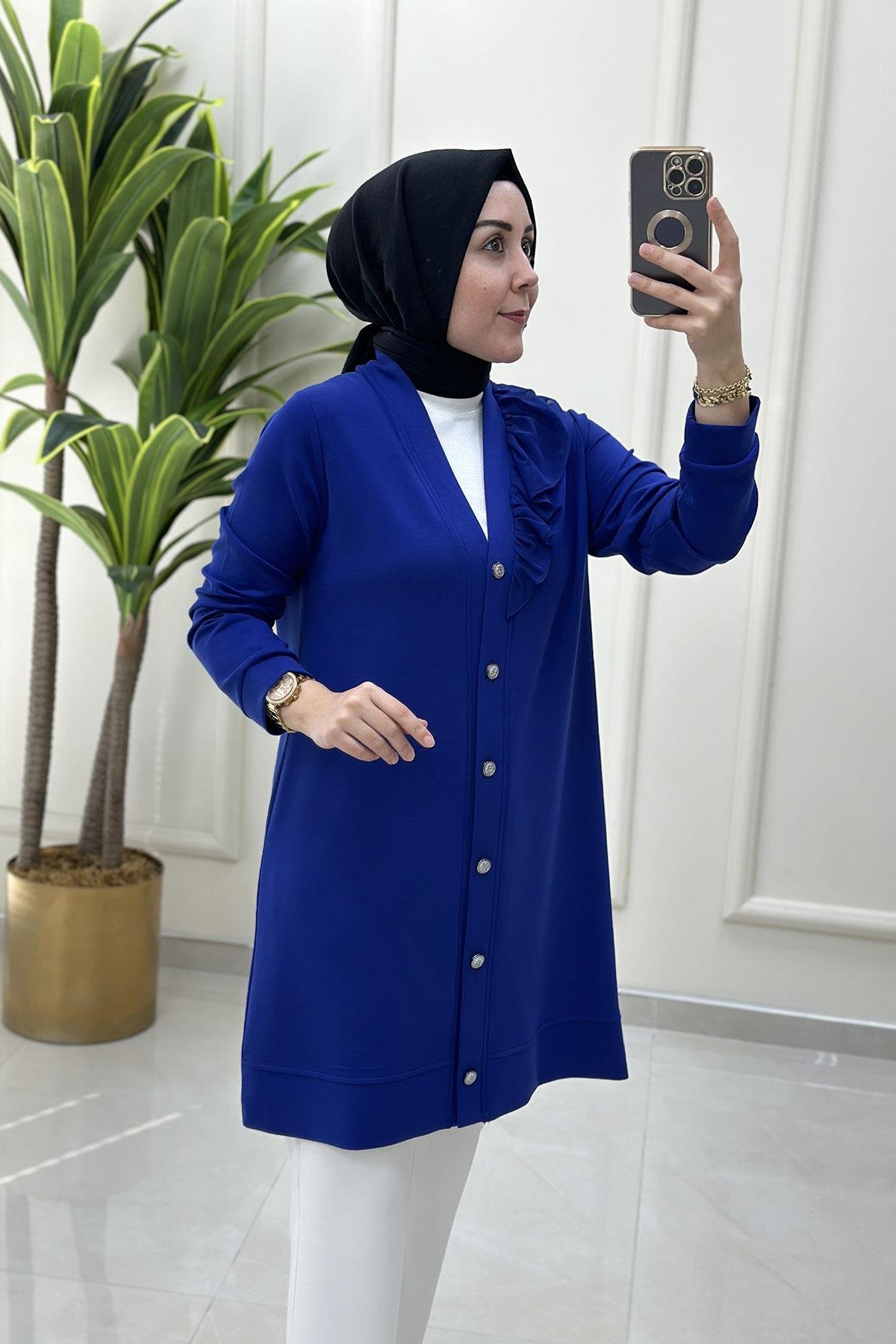 HırkaÖnü Düğmeli Şifon Kombinli Kadın Hırka Saks Mavisi KADO 251256