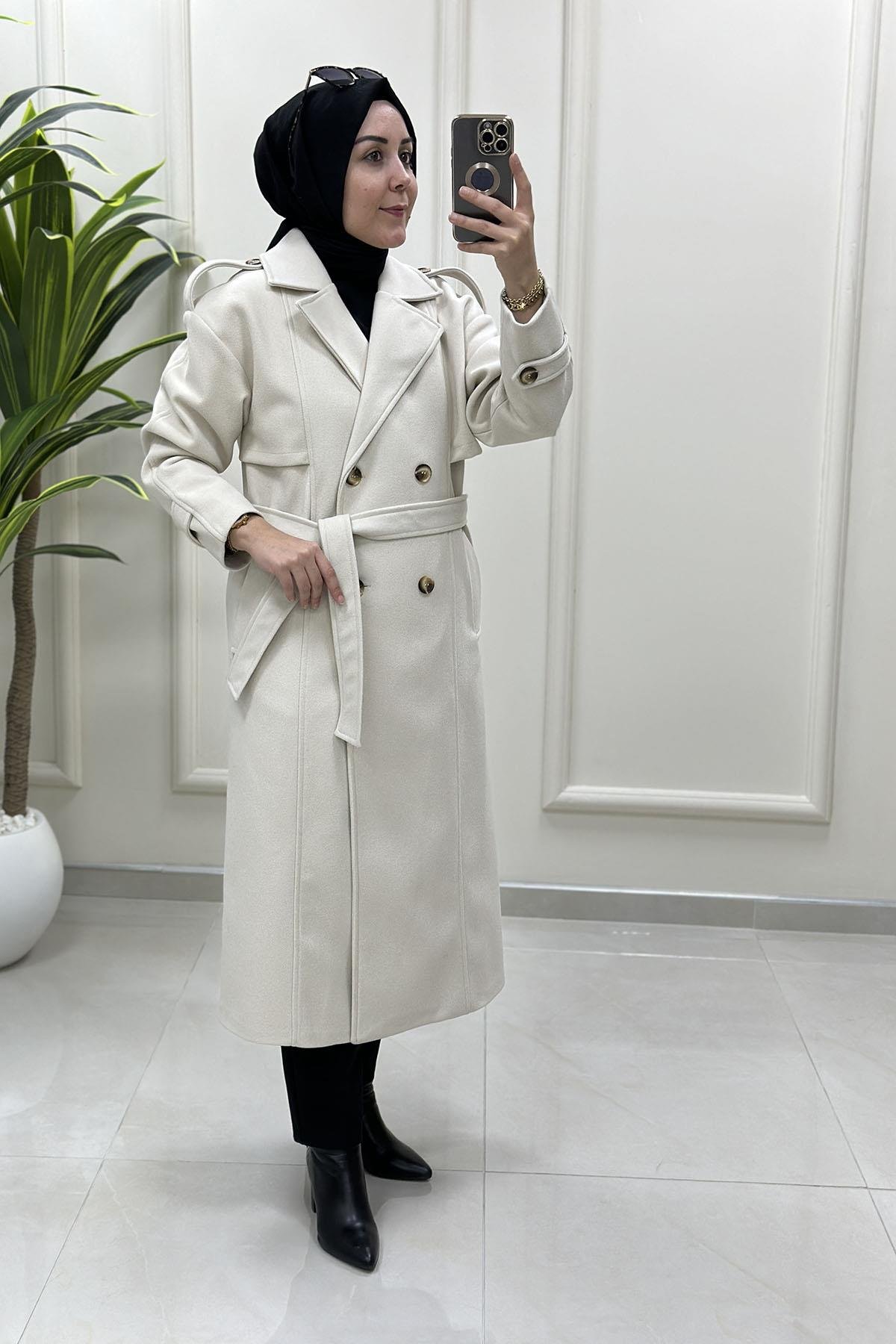 KabanArmine Trend Kruvaze Yaka Beli Kuşaklı Kadın Kaşe Kaban Taş ARM 729