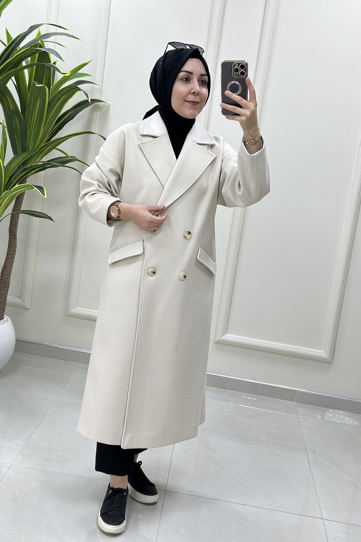 KabanArmine Trend Kruvaze Yaka Düğmeli Kadın Kaşe Kaban Taş ARM 747