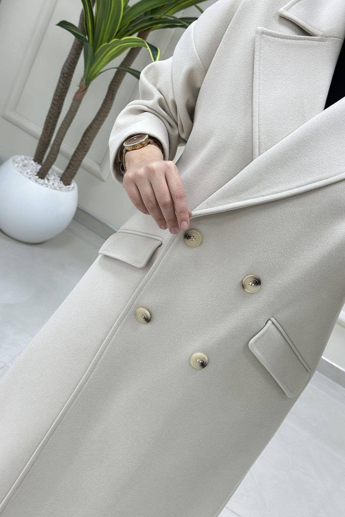 KabanArmine Trend Kruvaze Yaka Düğmeli Kadın Kaşe Kaban Taş ARM 747