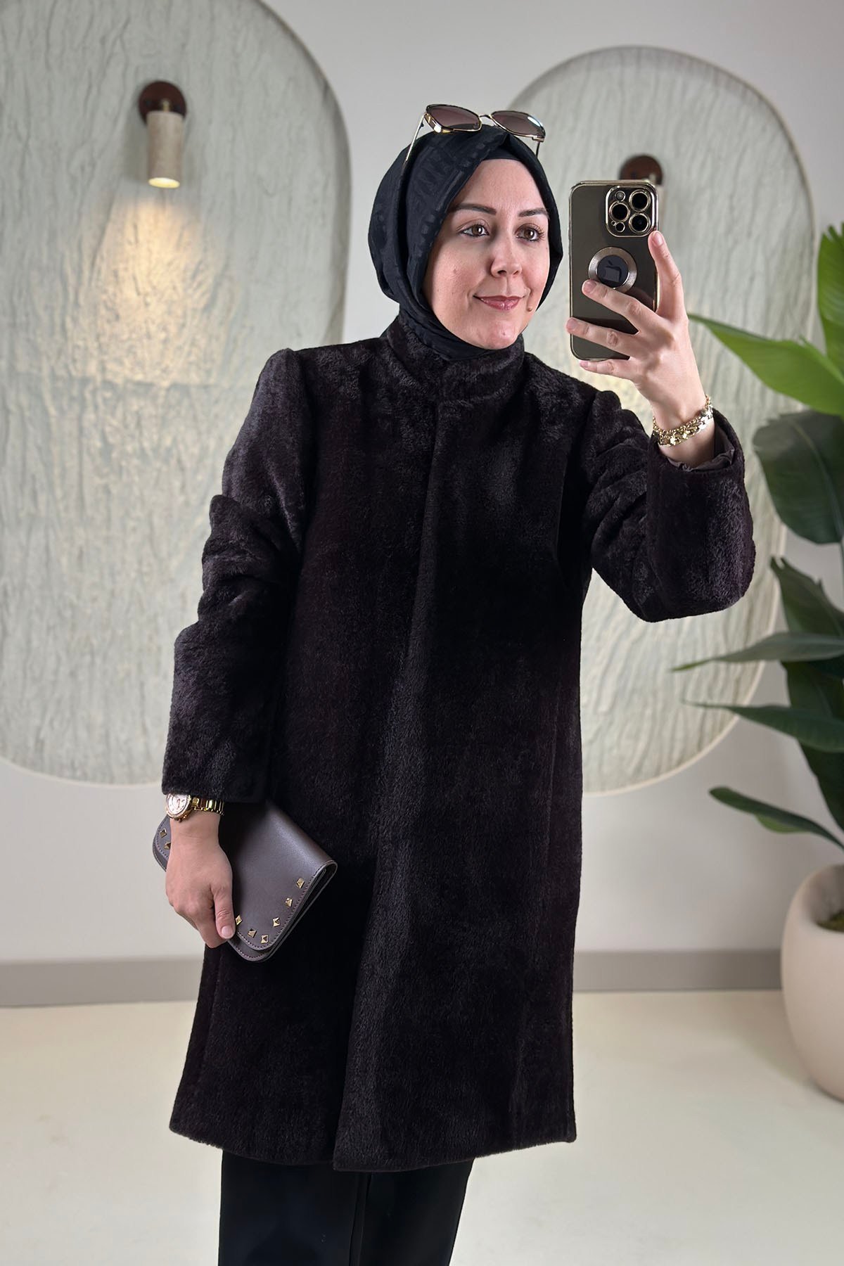 KabanÖnü Çıtçıtlı Cepli Kadın Angora Kaban Kahverengi SFF 5125