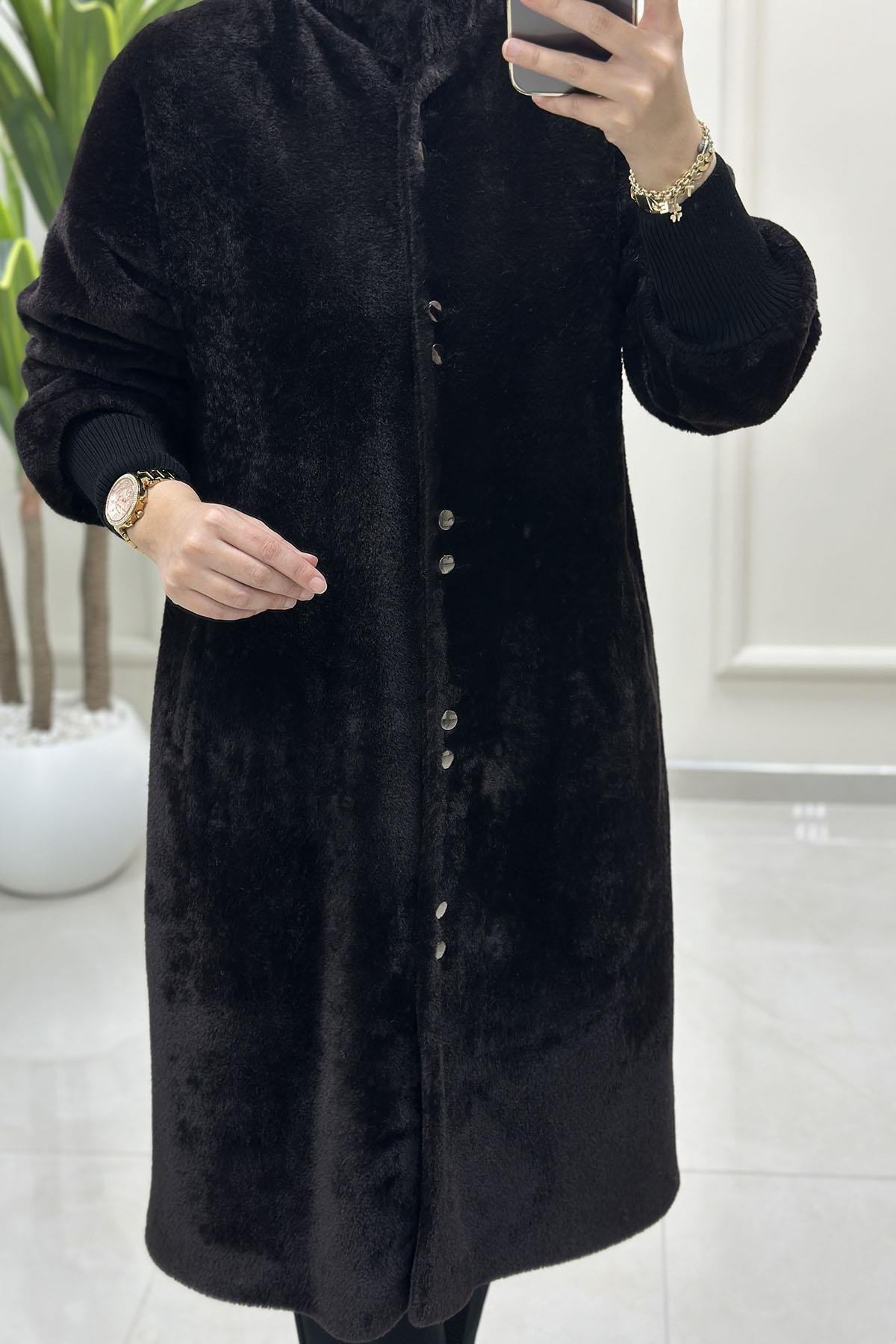 KabanÖnü Düğmeli Ribana Detaylı Kadın Angora Kaban Acı Kahve SFF 5119