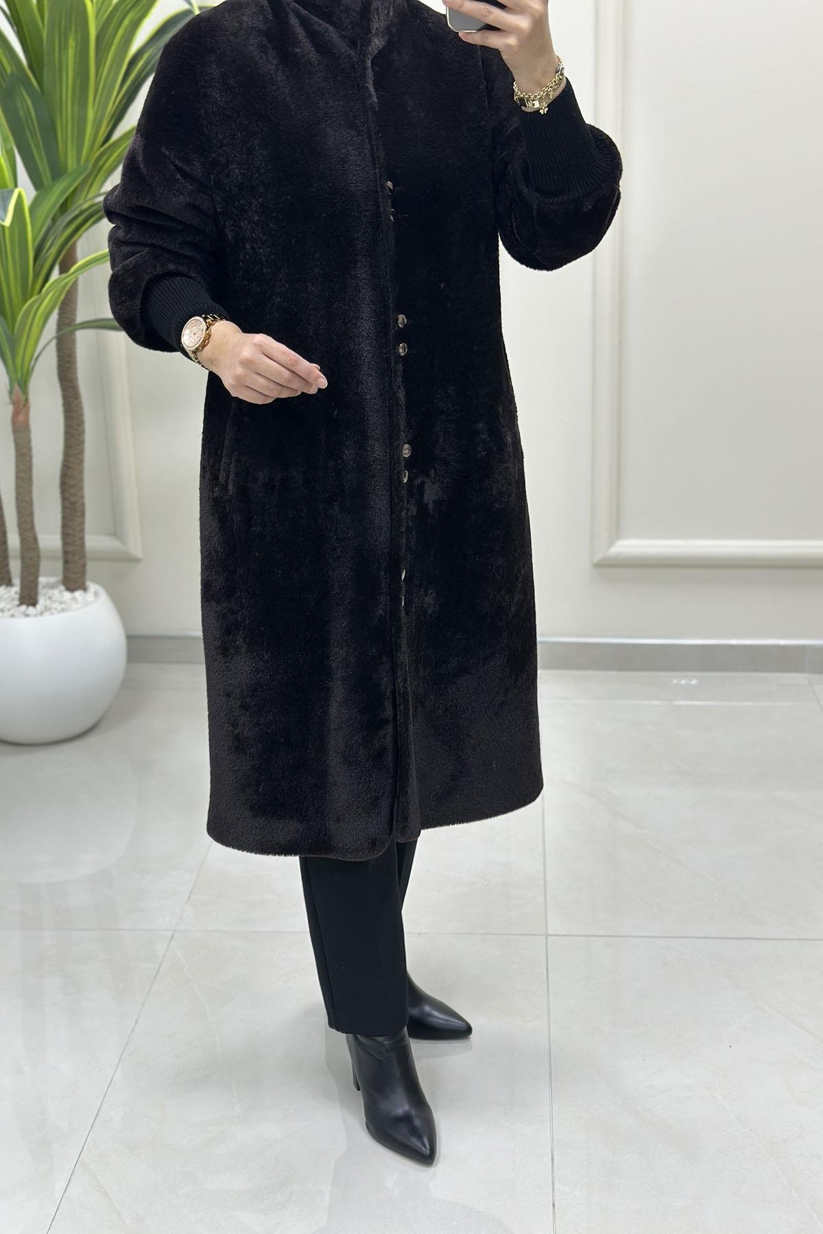KabanÖnü Düğmeli Ribana Detaylı Kadın Angora Kaban Acı Kahve SFF 5119