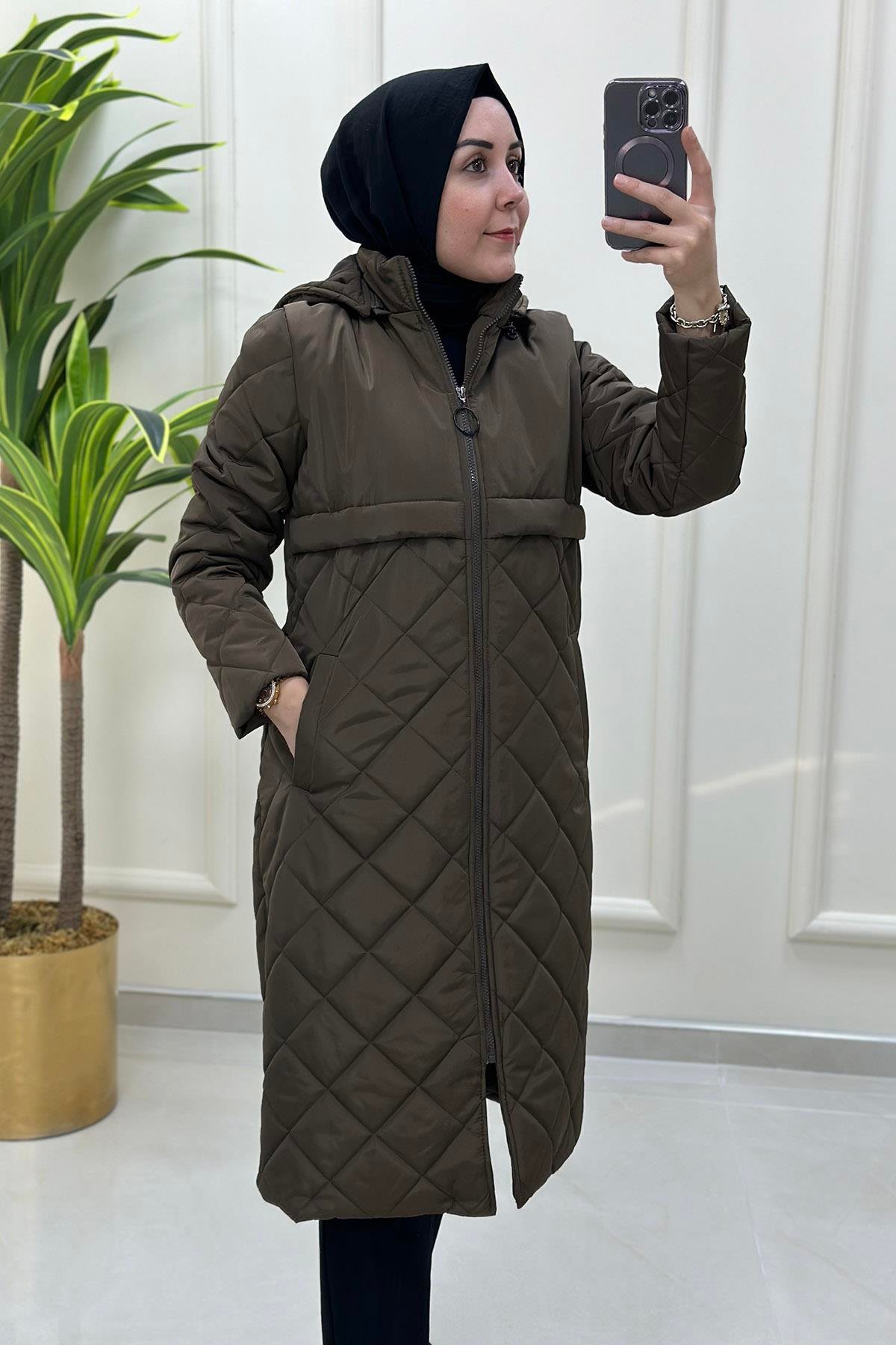 KabanÖnü Fermuarlı Baklava Desen Kadın Şişme Kaban Kahverengi MLH 3601