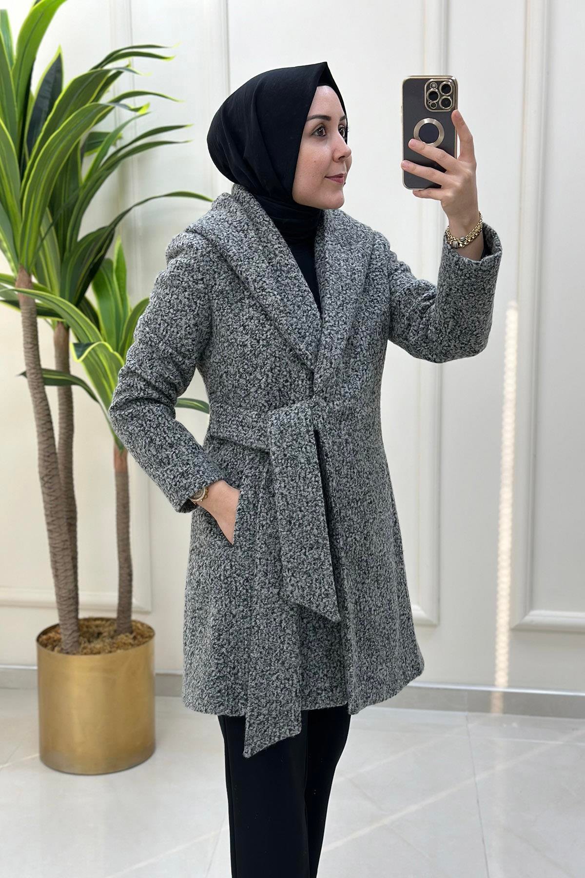 KabanŞal Yaka Beli Kemerli Kadın Buklet Kaban Gri KADO 1111