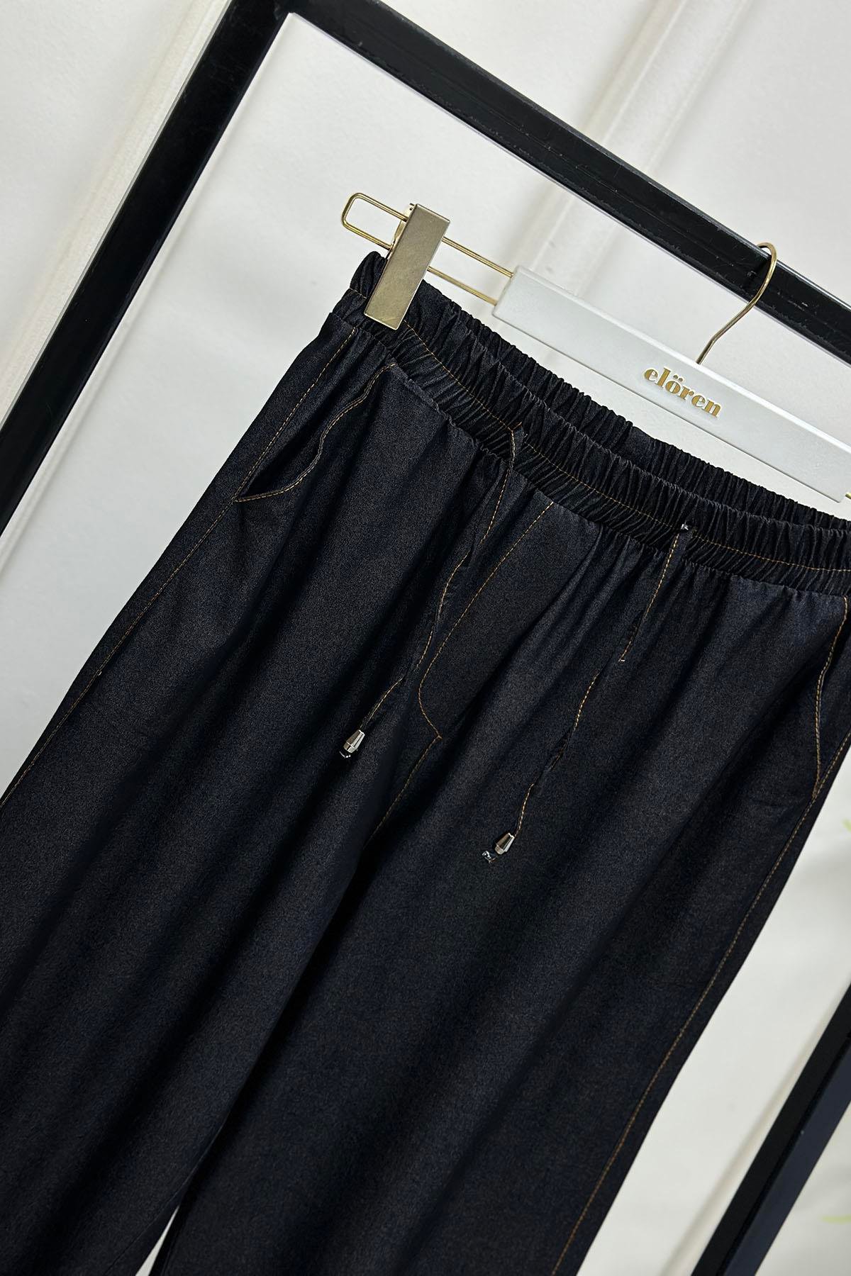 PantolonBeli Lastikli Bol Paça Tensel Kadın Pantolon Siyah MP 511