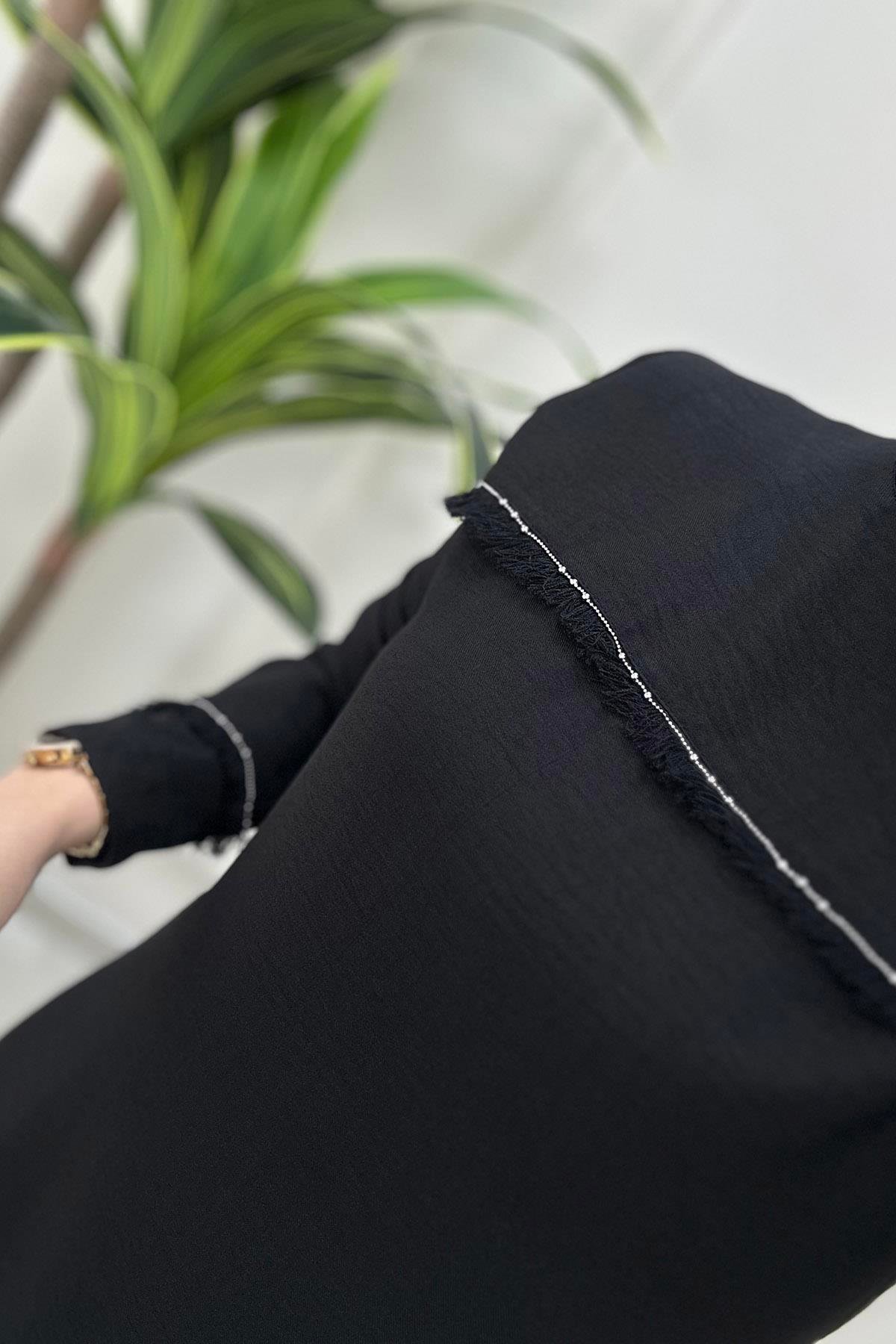 Pantolonlu Takım Kolu ve Önü Püskül Boncuk  Detaylı Tunik Pantolon Kadın İkili Takım Siyah MLH 4142