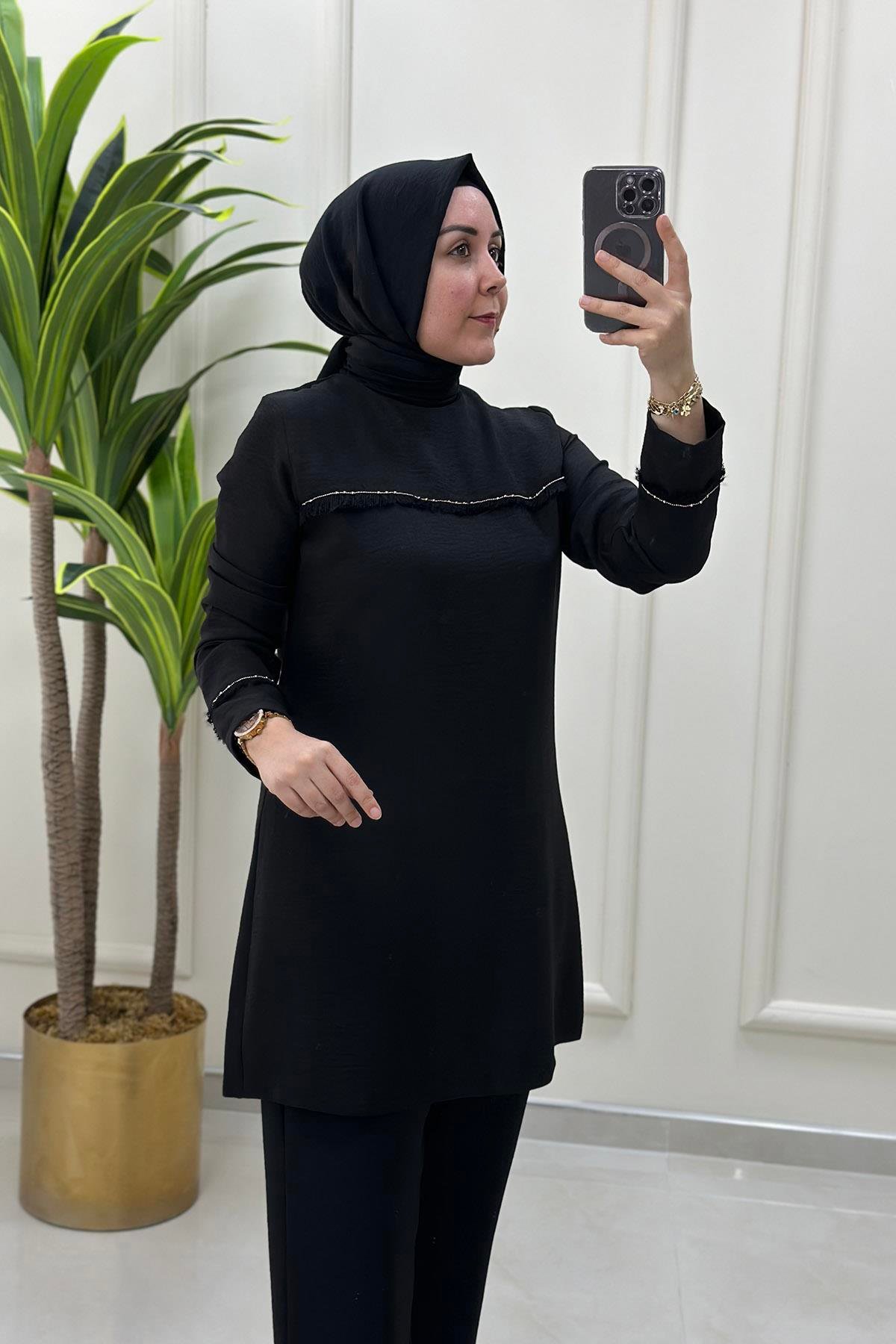 Pantolonlu Takım Kolu ve Önü Püskül Boncuk  Detaylı Tunik Pantolon Kadın İkili Takım Siyah MLH 4142