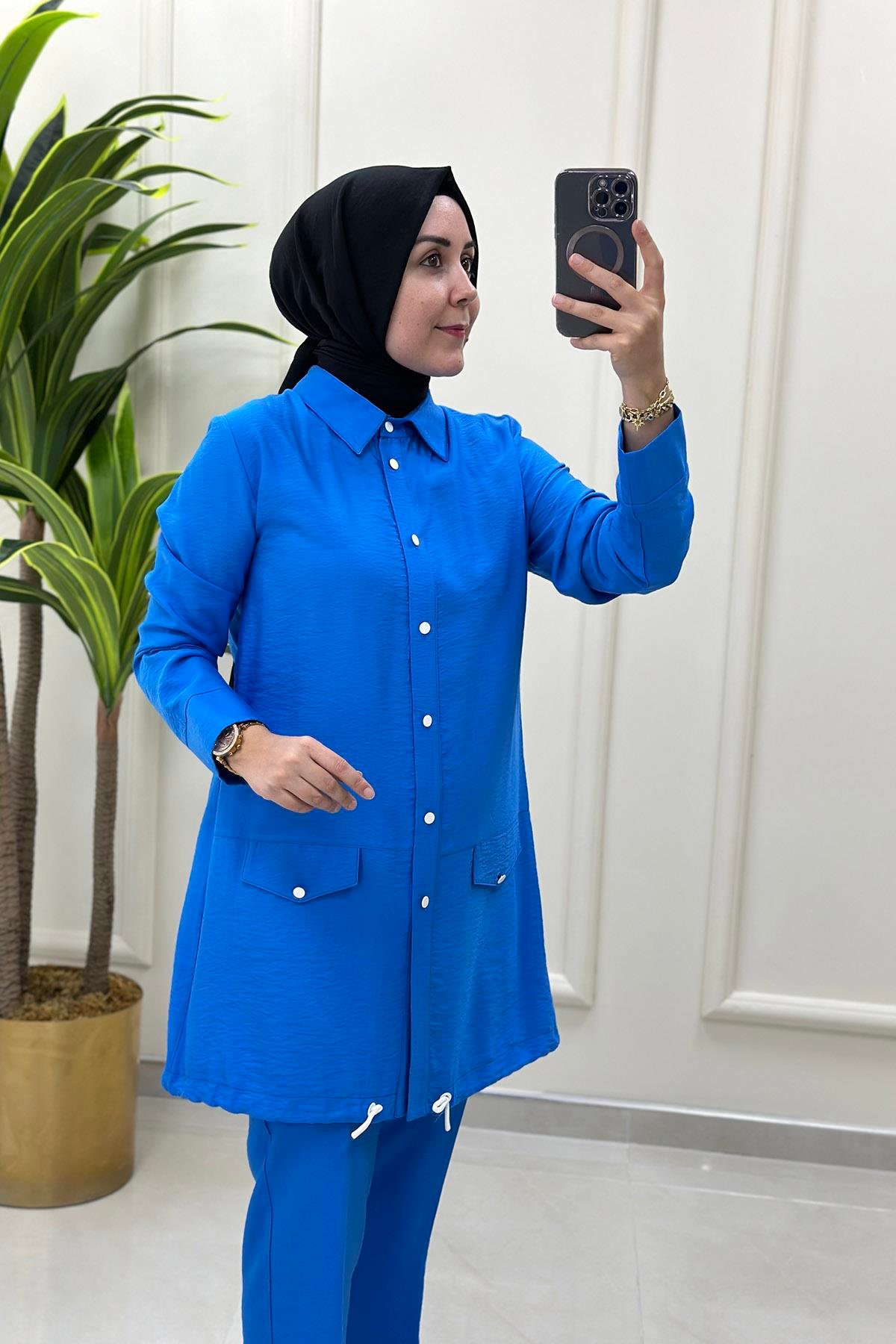 Pantolonlu Takım Önü Düğmeli Altı Büzgülü Tunik ve Pantolon Kadın İkili Takım Mavi WNW 1014