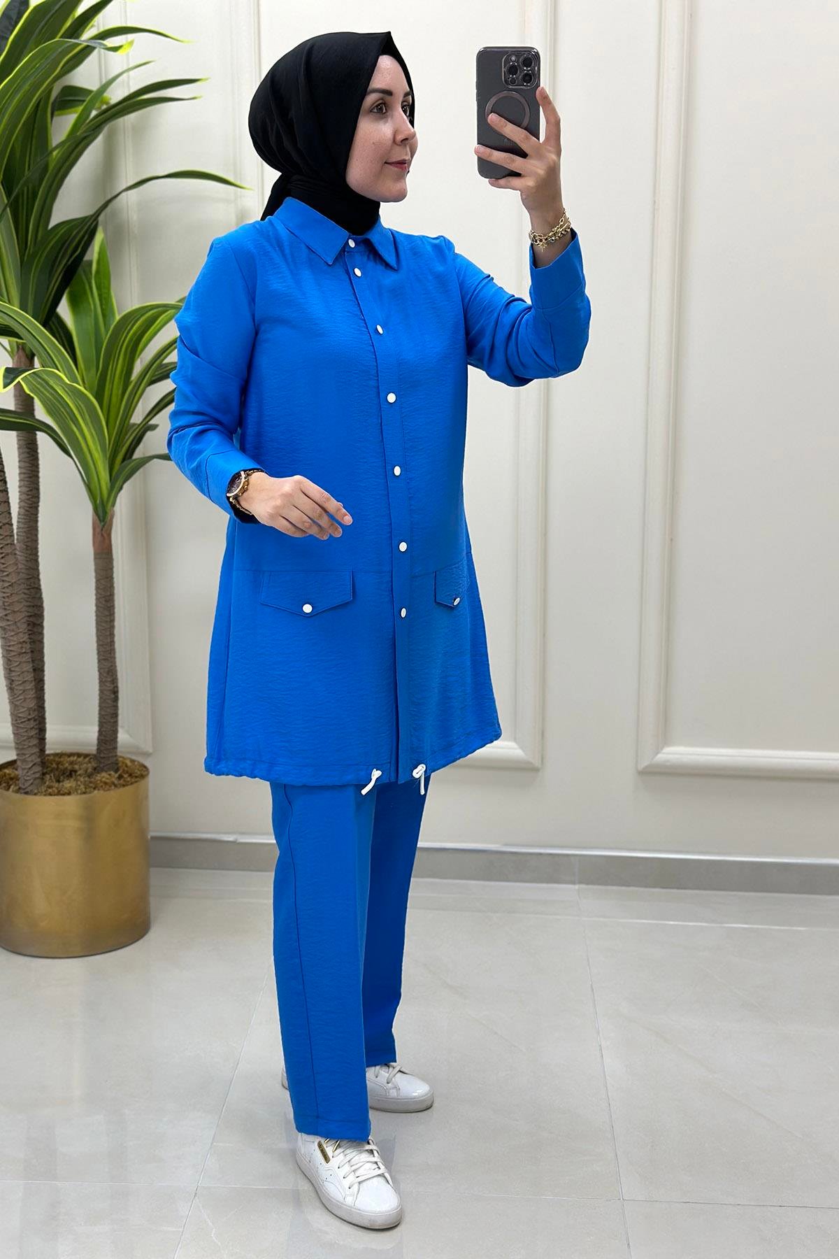 Pantolonlu Takım Önü Düğmeli Altı Büzgülü Tunik ve Pantolon Kadın İkili Takım Mavi WNW 1014