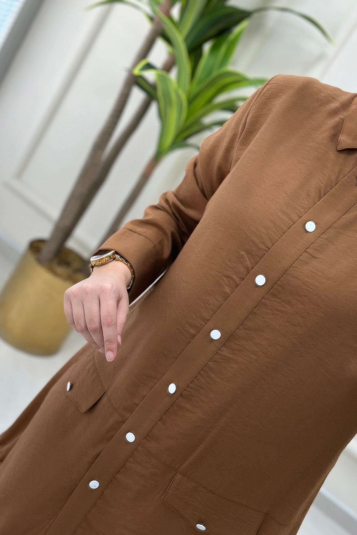 Pantolonlu Takım Önü Düğmeli Altı Büzgülü Tunik ve Pantolon Kadın İkili Takım Taba WNW 1014