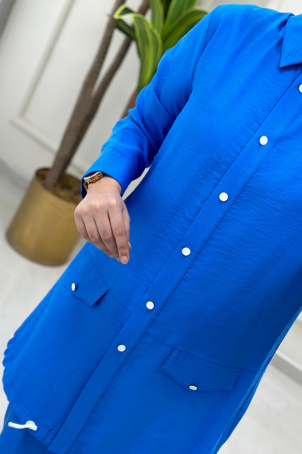 Pantolonlu Takım Önü Düğmeli Altı Büzgülü Tunik ve Pantolon Kadın İkili Takım Mavi WNW 1014