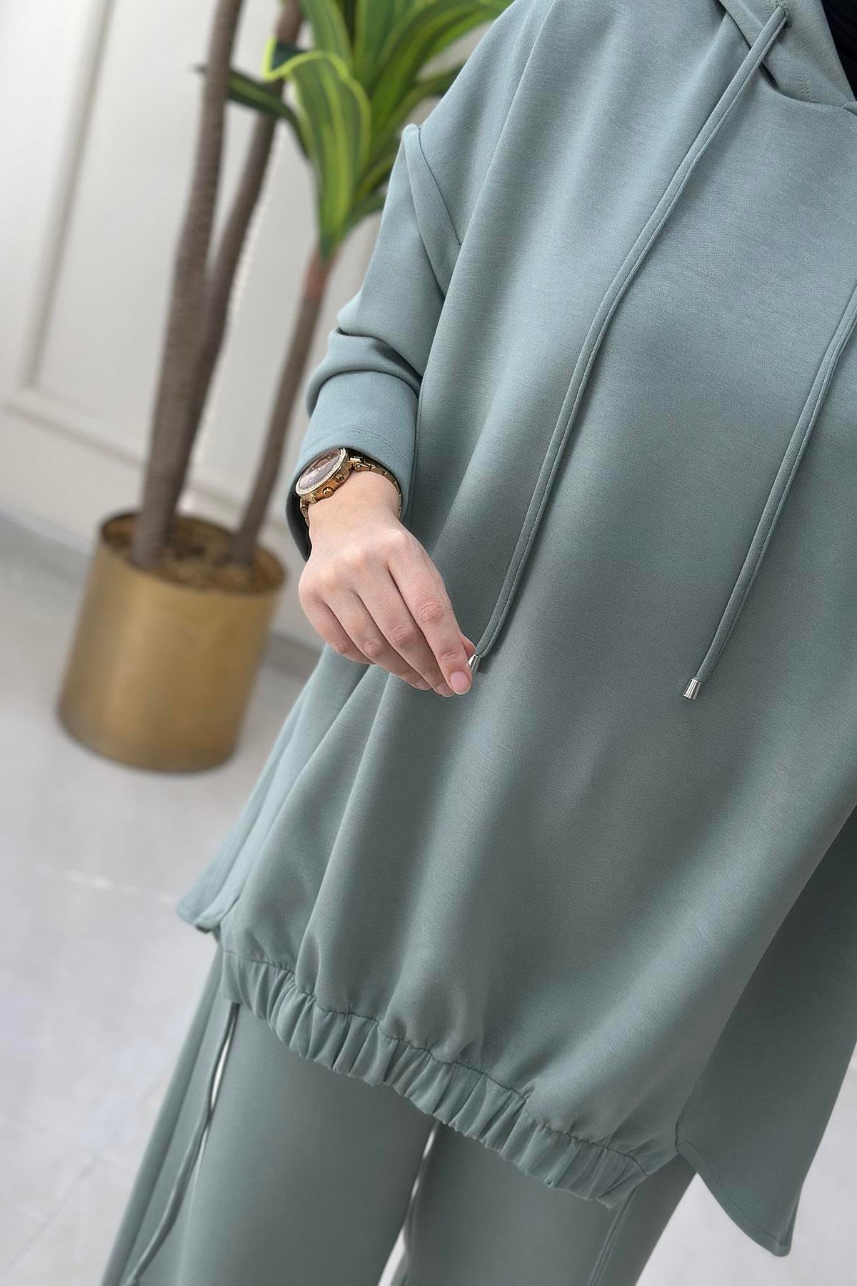 Pantolonlu Takım Oysho Kumaş Önü Büzgülü Kapüşonlu Tunik ve Pantolon Kadın İkili Takım Mint Yeşili MSE 8037