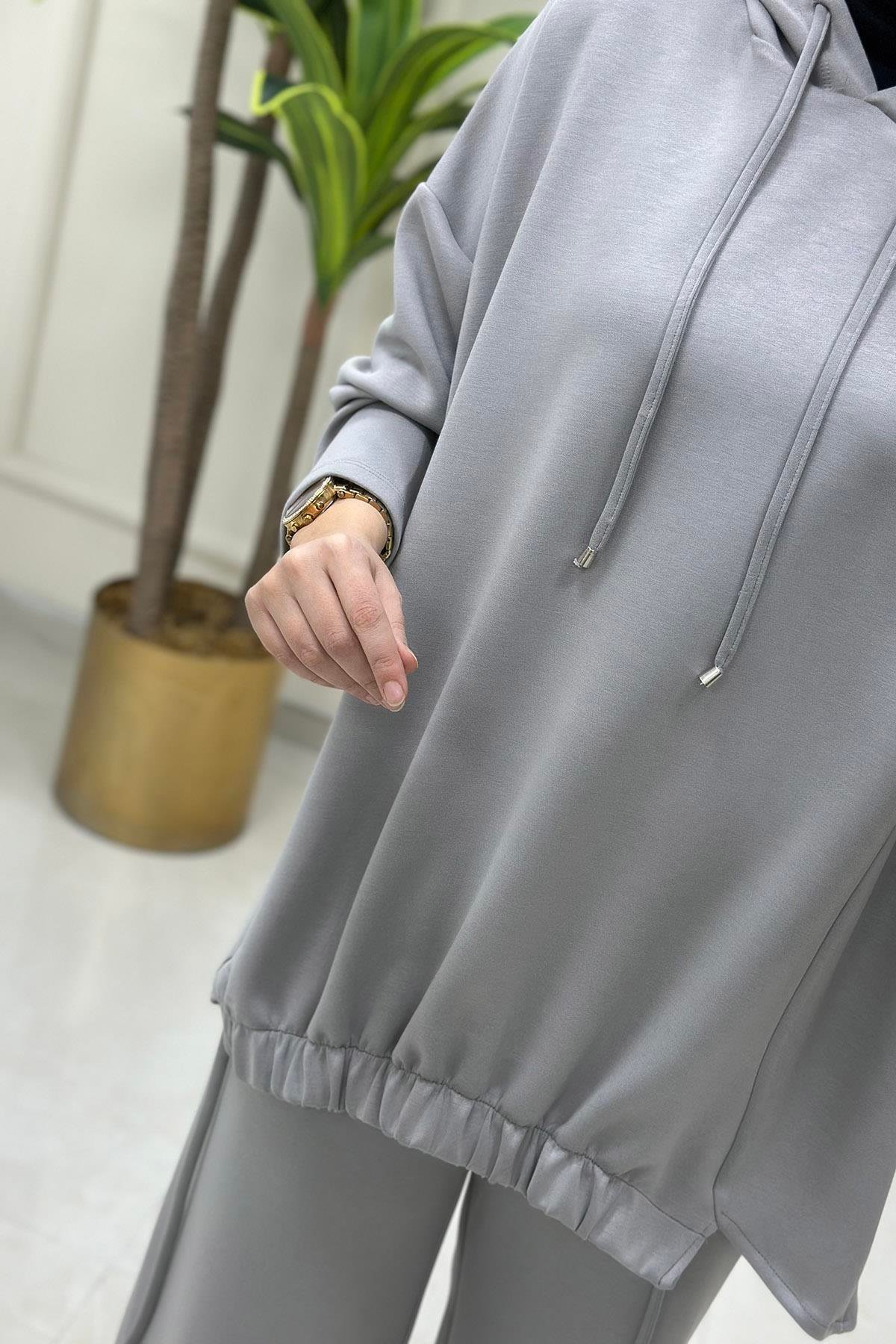 Pantolonlu Takım Oysho Kumaş Önü Büzgülü Kapüşonlu Tunik ve Pantolon Kadın İkili Takım Gri MSE 8037