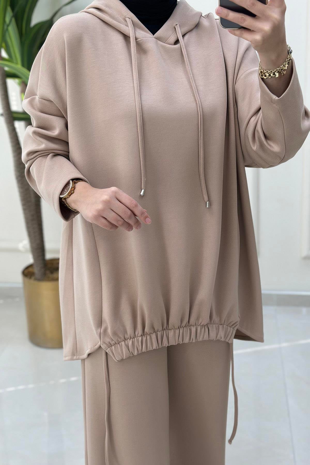 Pantolonlu Takım Oysho Kumaş Önü Büzgülü Kapüşonlu Tunik ve Pantolon Kadın İkili Takım Bej MSE 8037