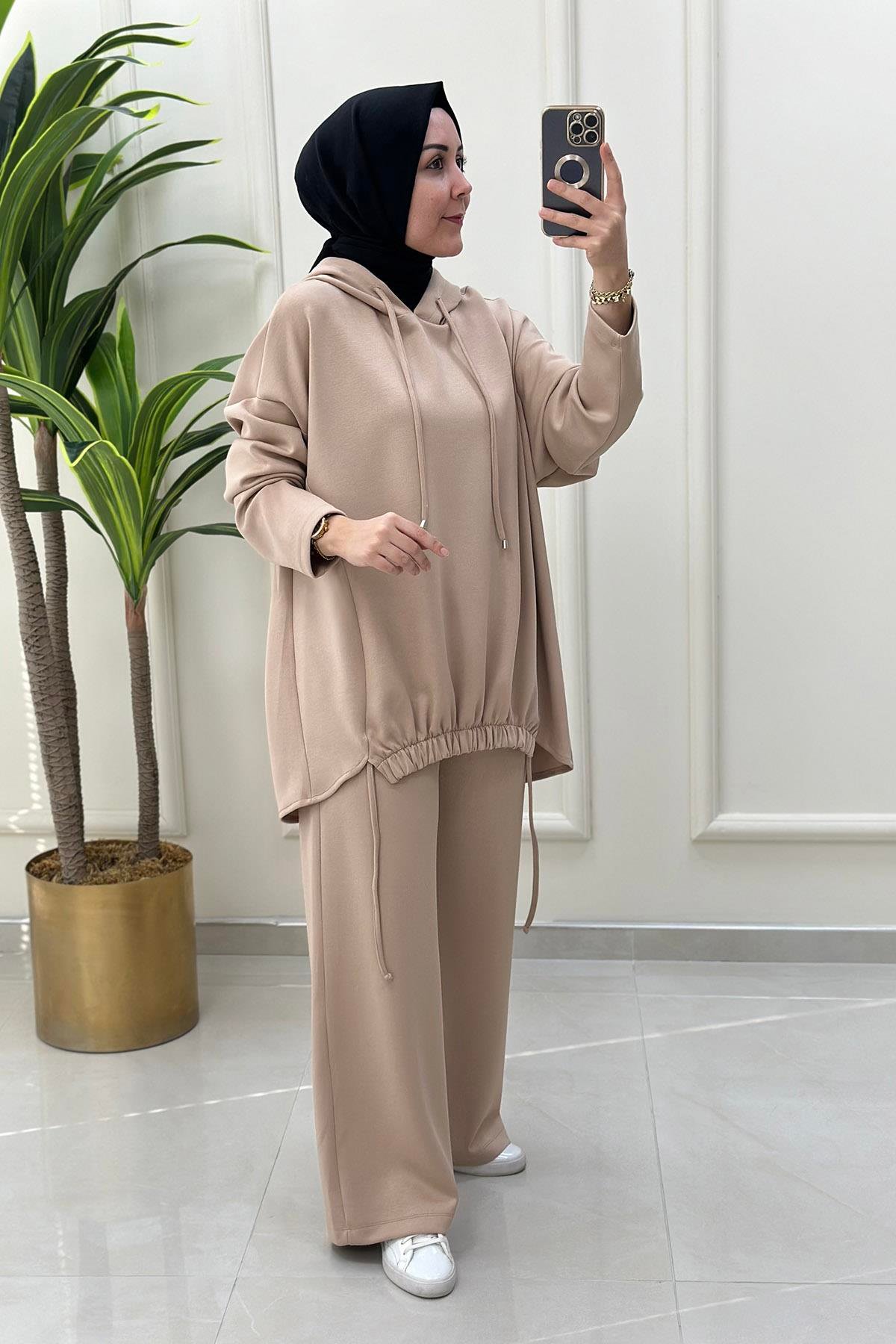 Pantolonlu Takım Oysho Kumaş Önü Büzgülü Kapüşonlu Tunik ve Pantolon Kadın İkili Takım Bej MSE 8037