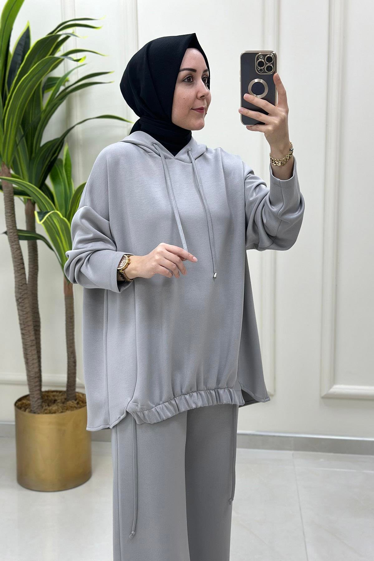 Pantolonlu Takım Oysho Kumaş Önü Büzgülü Kapüşonlu Tunik ve Pantolon Kadın İkili Takım Gri MSE 8037