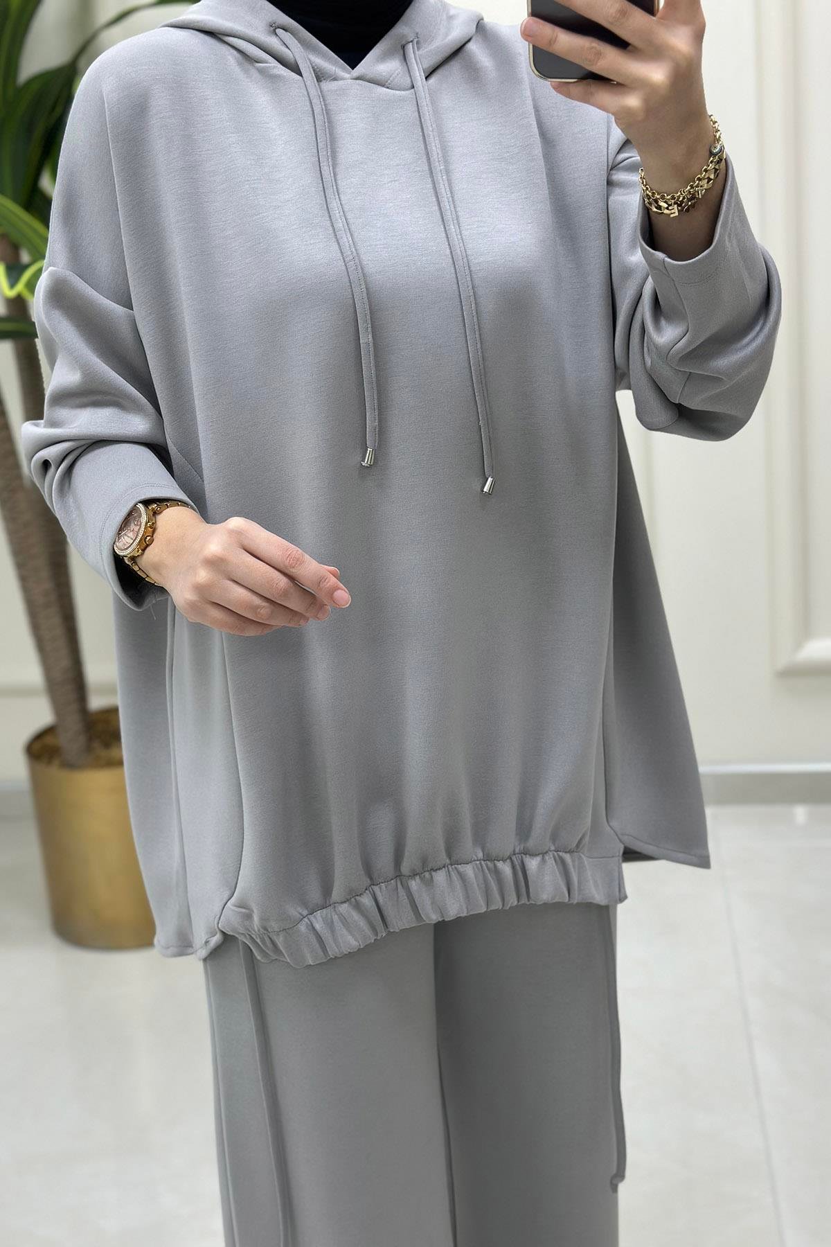 Pantolonlu Takım Oysho Kumaş Önü Büzgülü Kapüşonlu Tunik ve Pantolon Kadın İkili Takım Gri MSE 8037
